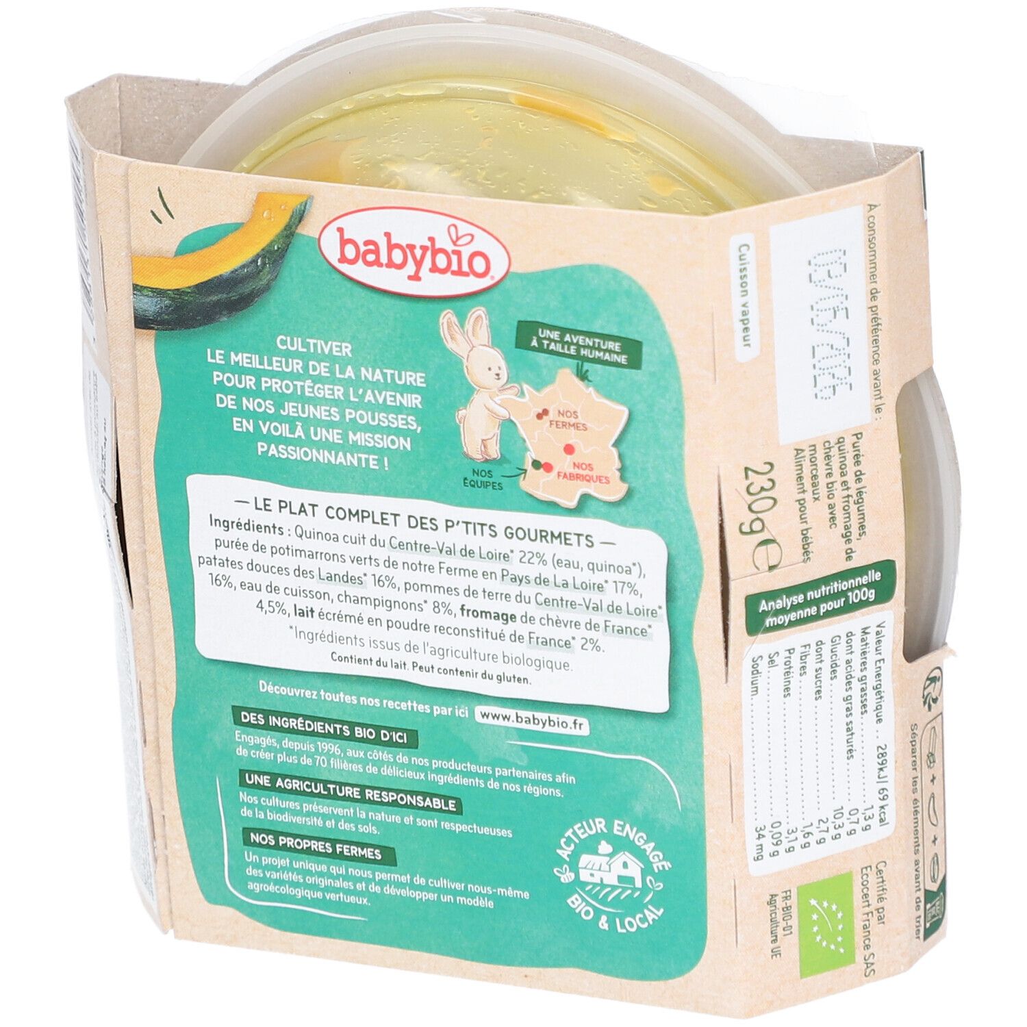 Rückseite der Babybio-Verpackung. Zutatenliste: Quinotto mit Quinoa, Kürbis, Champignons und Ziegenkäse. Nährwertangaben. AB-Logo.
