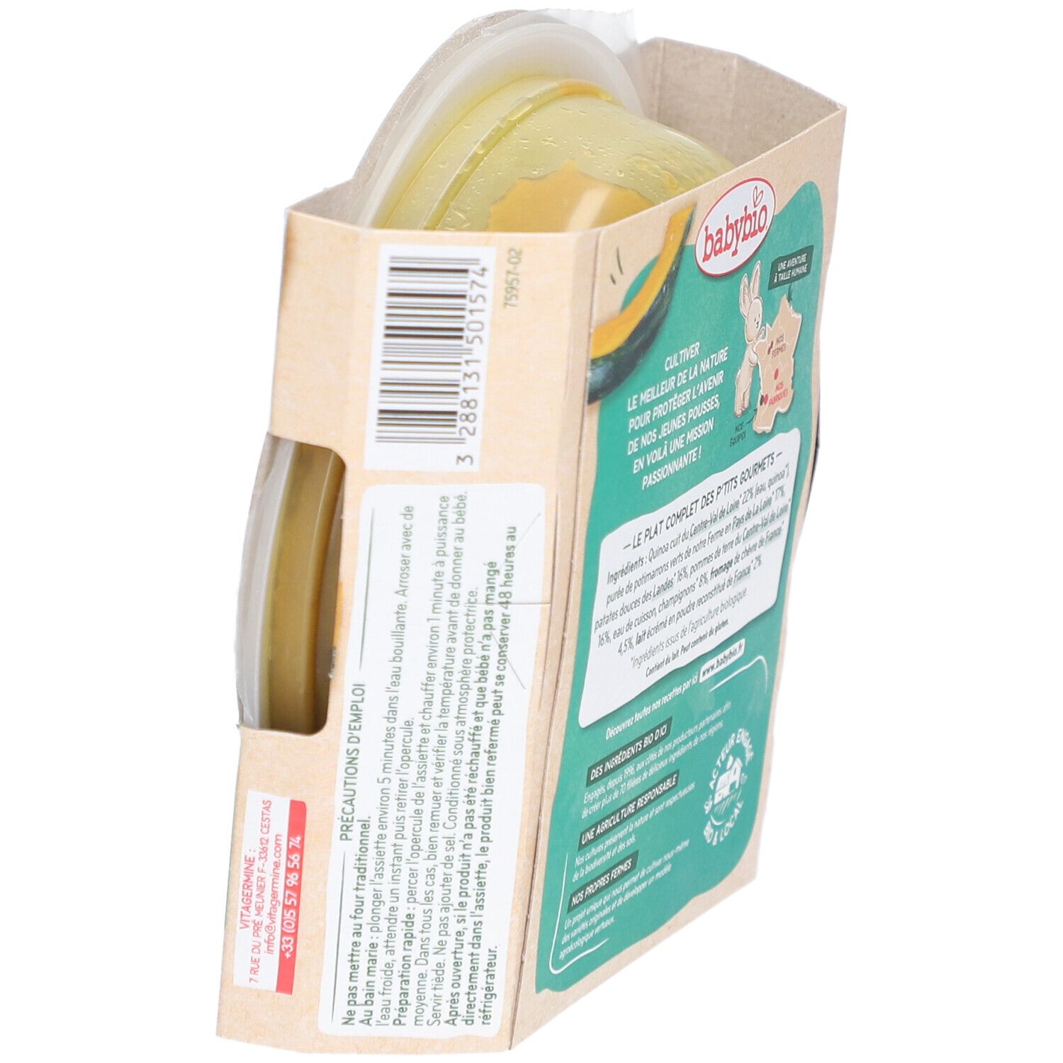 Babybio-Verpackung. Zubereitungshinweise: Erhitzen. Zutatenliste. Nährwertangaben. AB-Logo. Hergestellt in Frankreich.