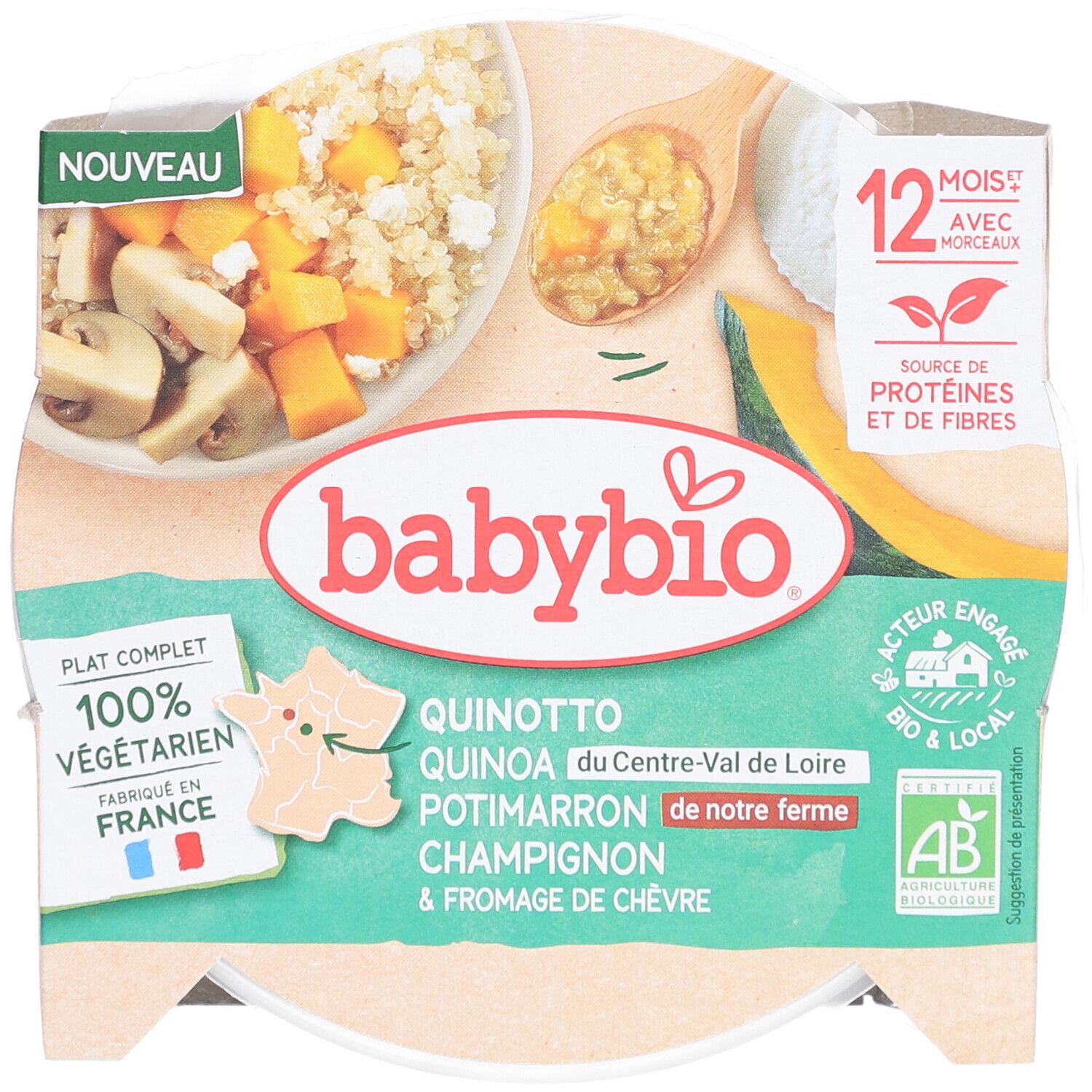 Babybio-Fertiggericht. Quinotto mit Quinoa, Kürbis, Champignons und Ziegenkäse. 100% vegetarisch, hergestellt in Frankreich. 12 Monate+.