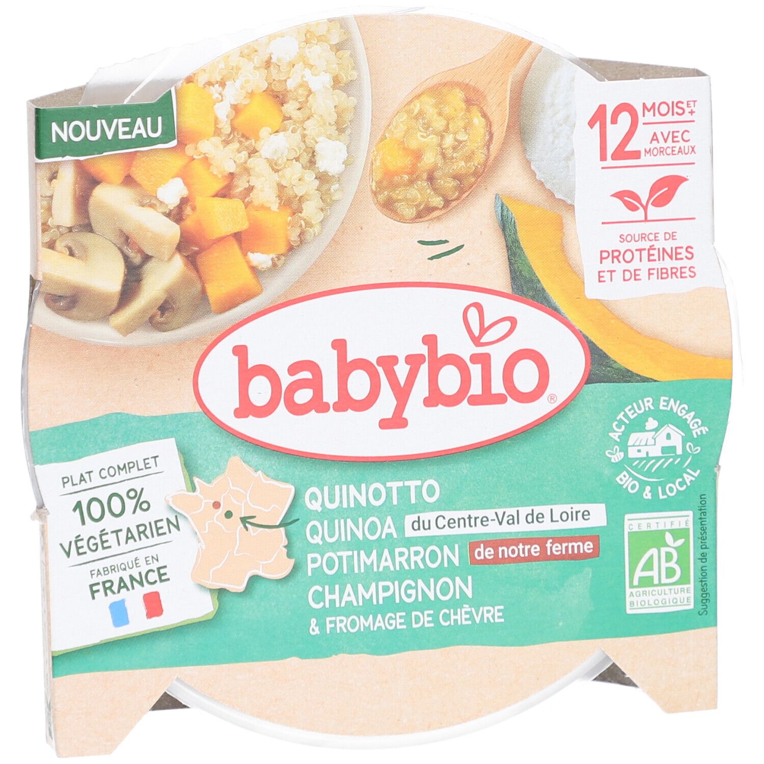 Babybio-Fertiggericht. Quinotto mit Quinoa, Kürbis, Champignons und Ziegenkäse. 100% vegetarisch, hergestellt in Frankreich. AB-Logo.