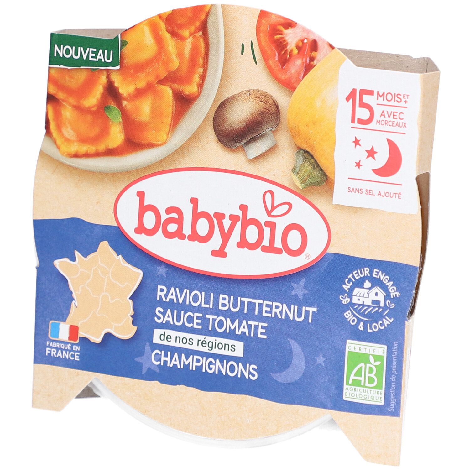 BABYBIO Raviolis sauce butternut tomate champignons. Emballage rond avec visuel produit et logo.