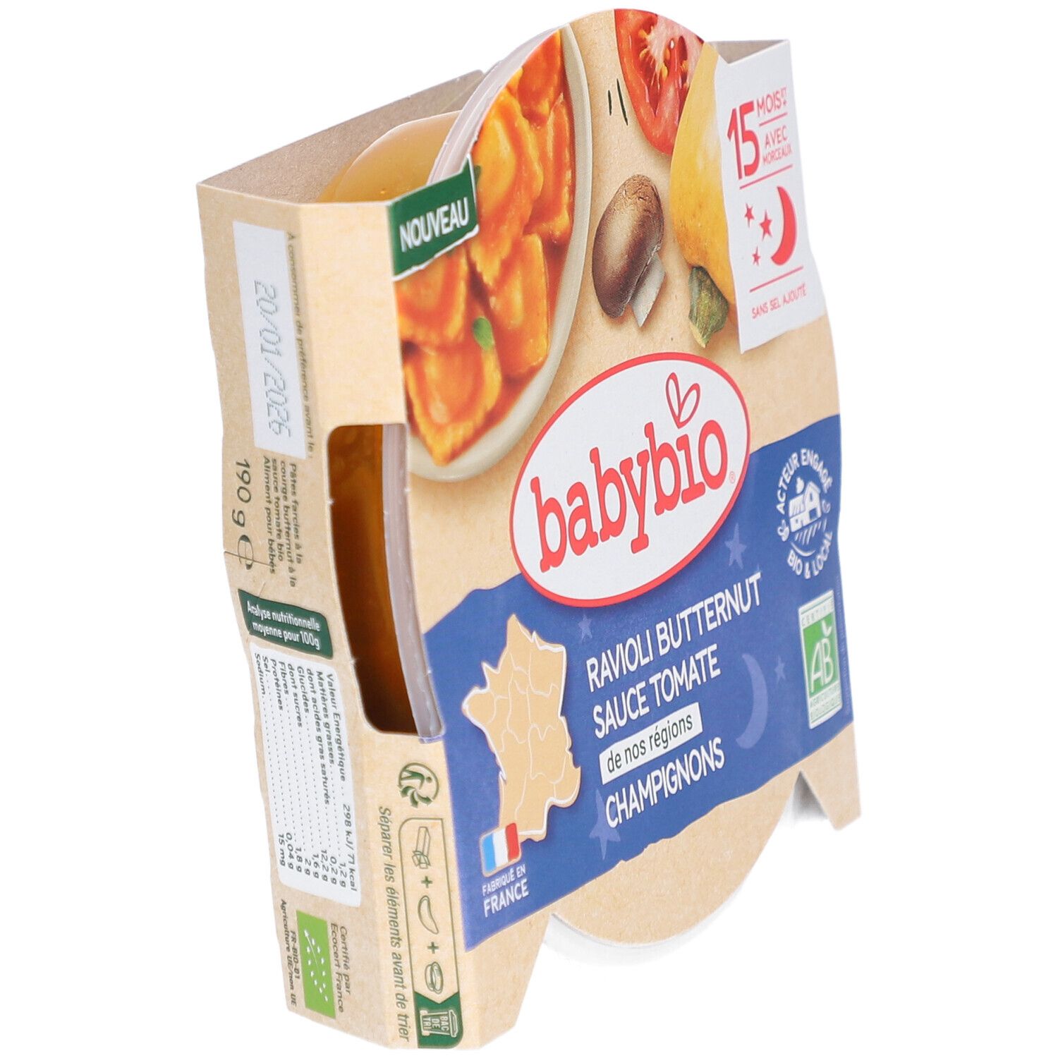 Emballage BABYBIO raviolis en biais. Visuel produit, logo et ingrédients visibles. Avec drapeau français.