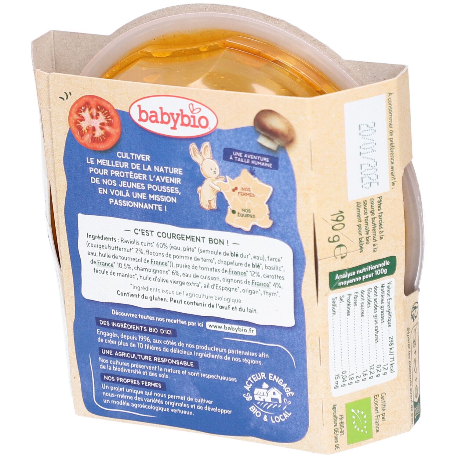 Dos de l'emballage BABYBIO raviolis. Liste des ingrédients, informations nutritionnelles et logo. Texte en français.