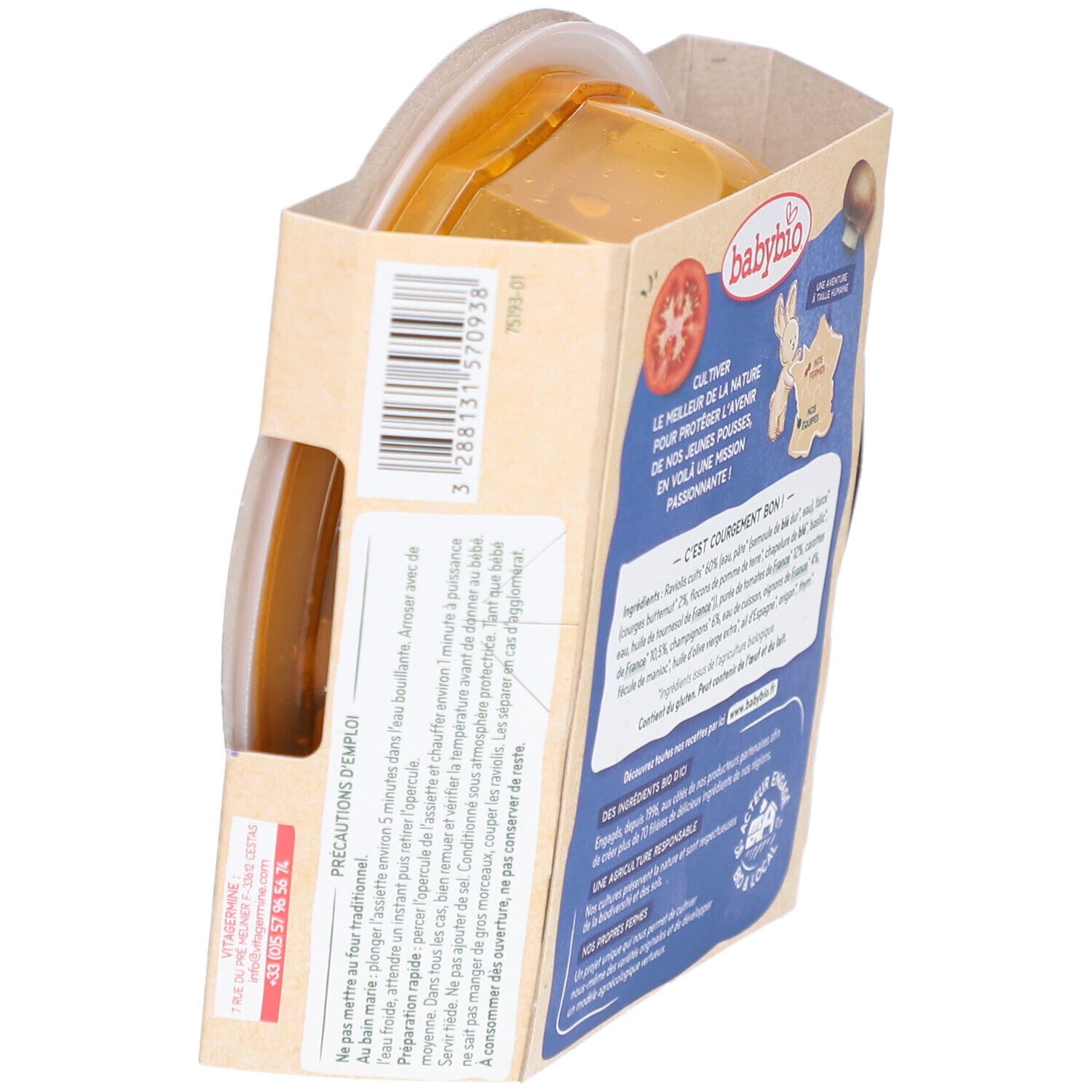 Emballage BABYBIO raviolis en biais. Liste des ingrédients et logo visibles. Texte en français.