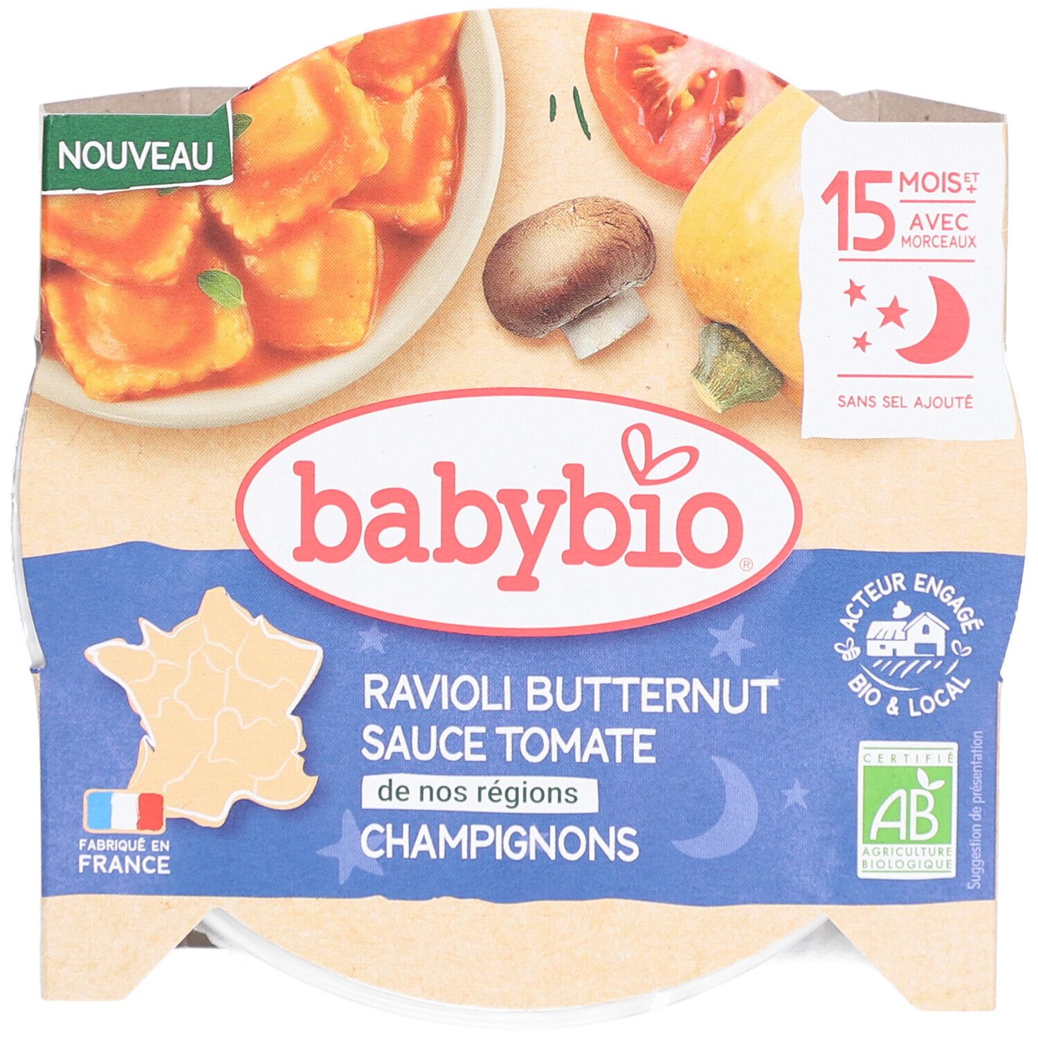 BABYBIO Raviolis sauce butternut tomate champignons. Emballage rond avec visuel produit et logo.