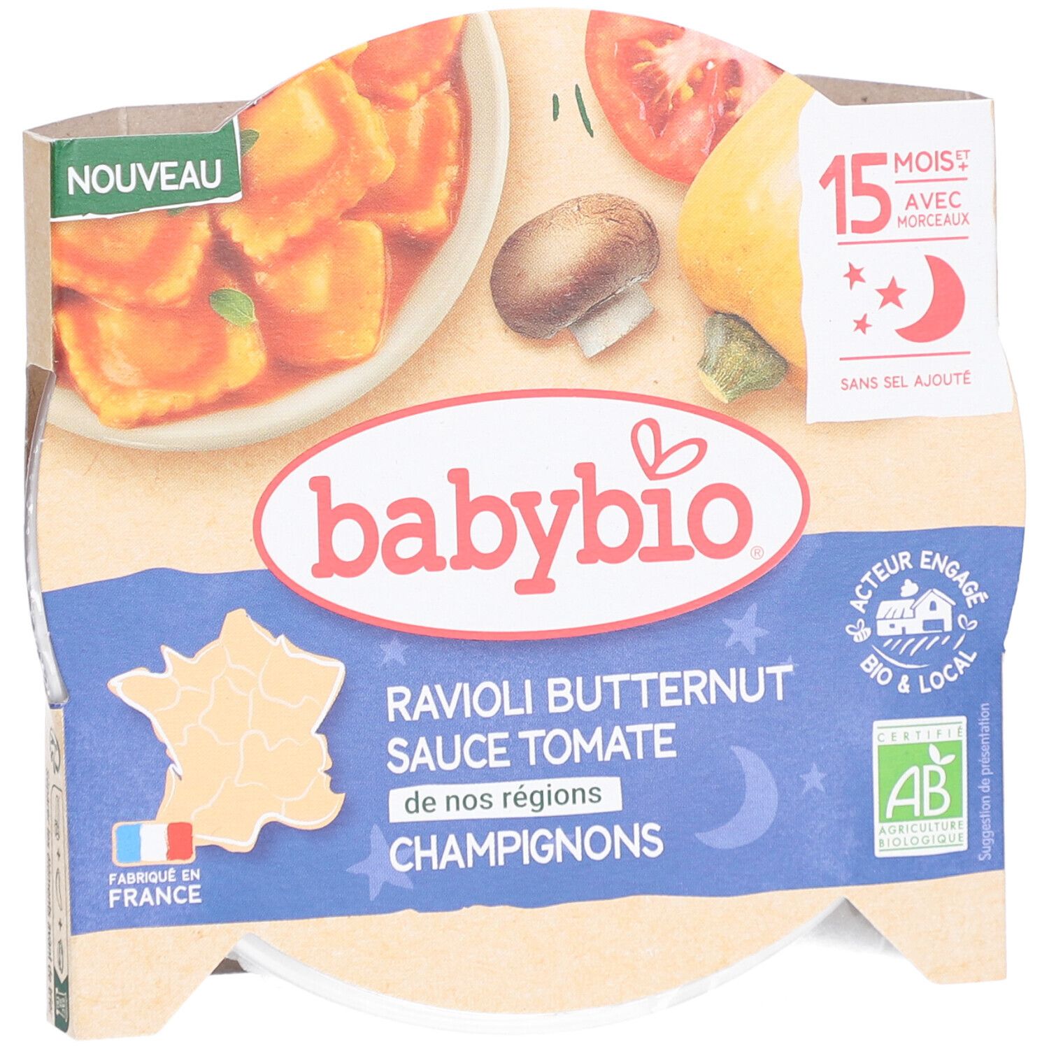 BABYBIO Raviolis sauce butternut tomate champignons. Emballage rond avec visuel produit et logo.