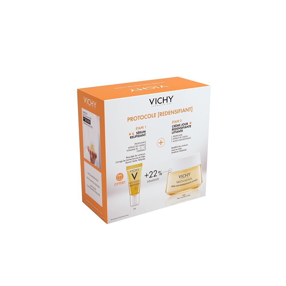 Coffret VICHY orange. Contient crème et sérum. Inscriptions : Protocole [Redensifiant], Vichy.