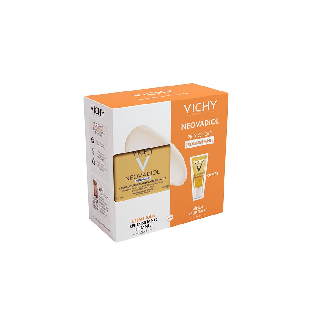 Emballage avec logo VICHY et images produits. Contient crème et sérum. Texte : Neovadiol.
