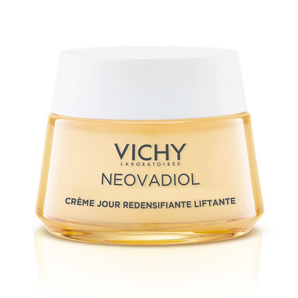 Pot de crème avec couvercle blanc. Inscriptions : VICHY, NEVOADIOL, Crème Jour Redensifiante Liftante.