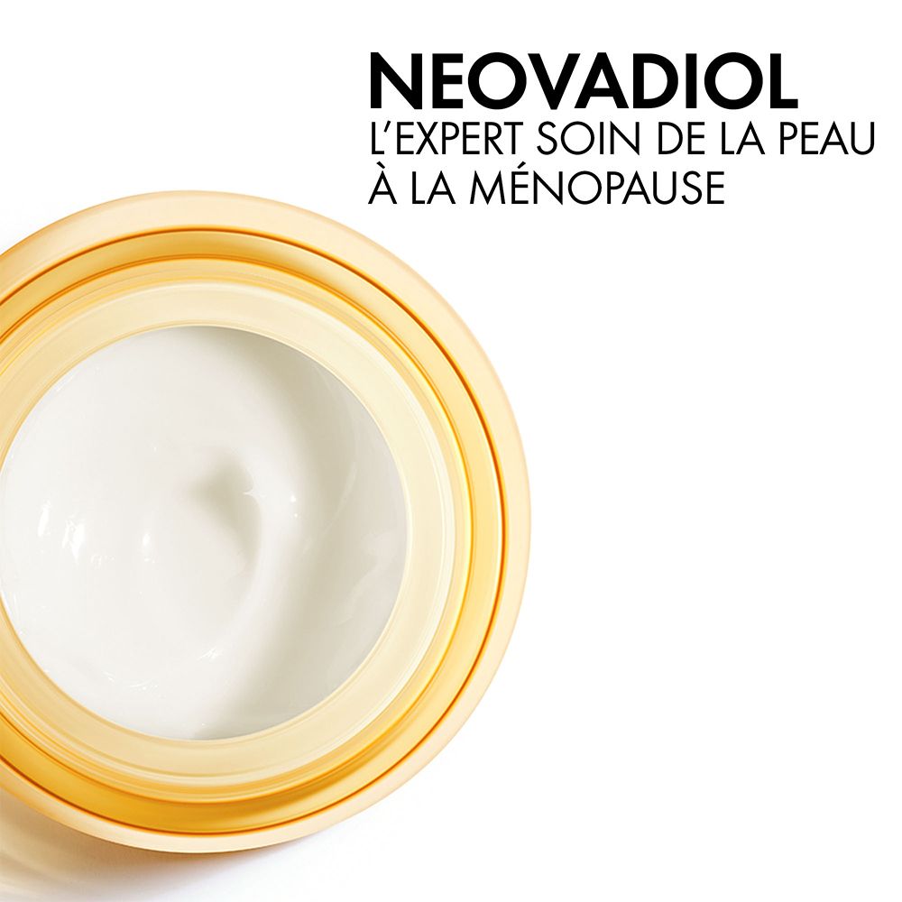 Gros plan sur la crème. Texte : Neovadiol, L'expert soin de la peau à la ménopause.