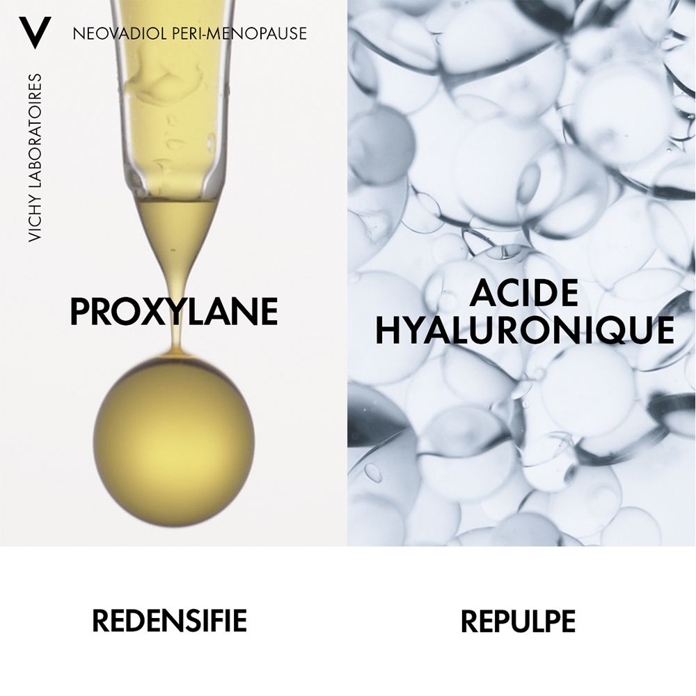 Illustrations des ingrédients. Texte : Proxylane, Acide Hyaluronique. Redensifie, Repulpe.