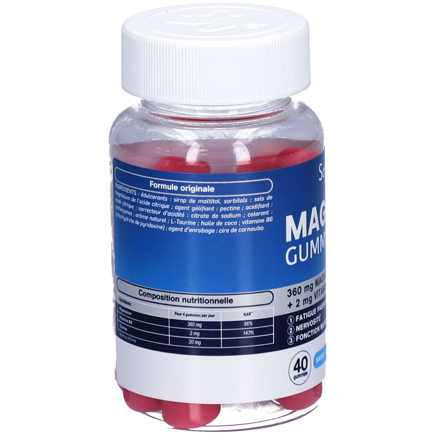Rückansicht der Dose mit Inhaltsstoffangaben und Nährwerttabelle. Rote Gummibärchen sichtbar.
