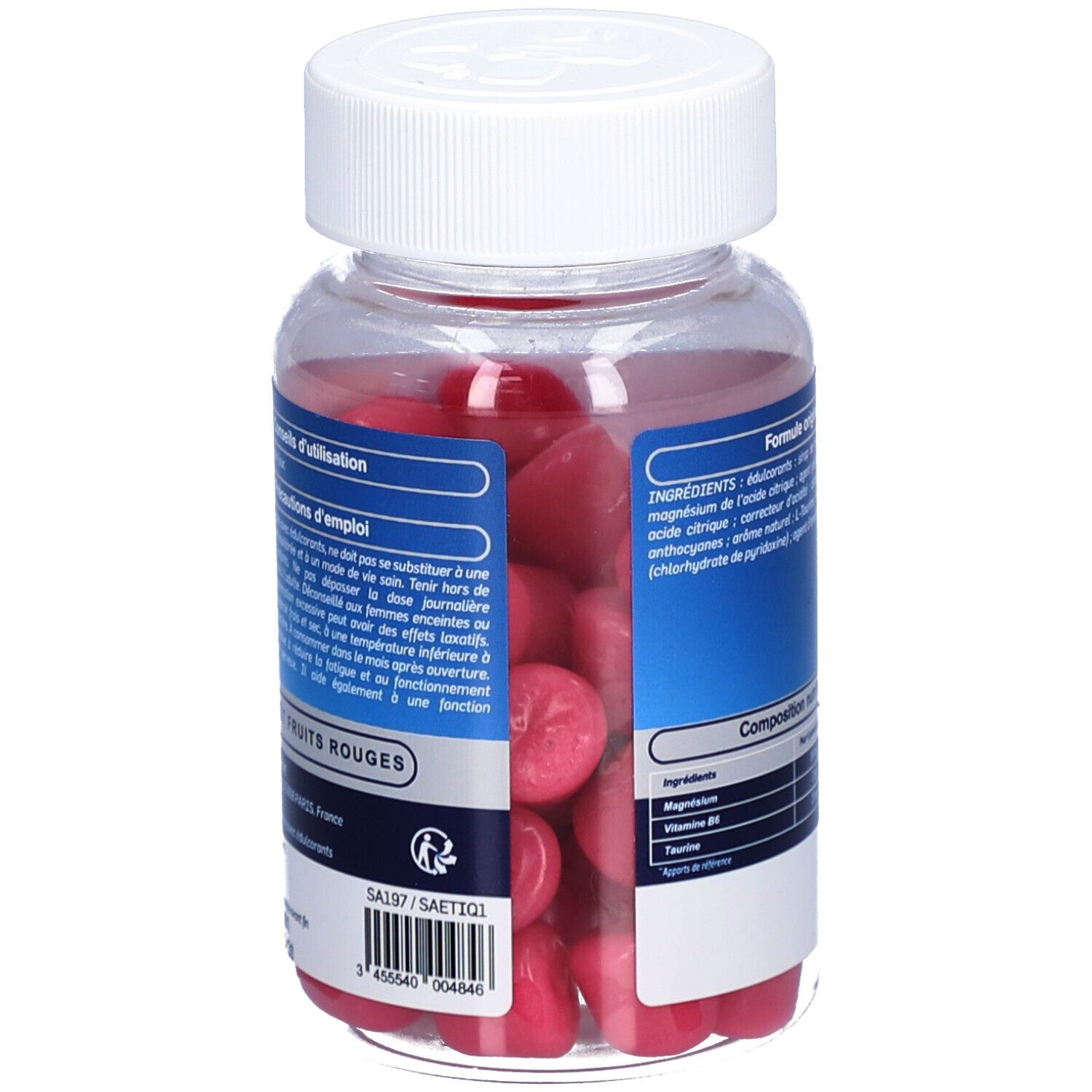 Dose mit roten Gummibärchen. Rückseite mit Informationen zur Anwendung und Inhaltsstoffen. Weißer Deckel.