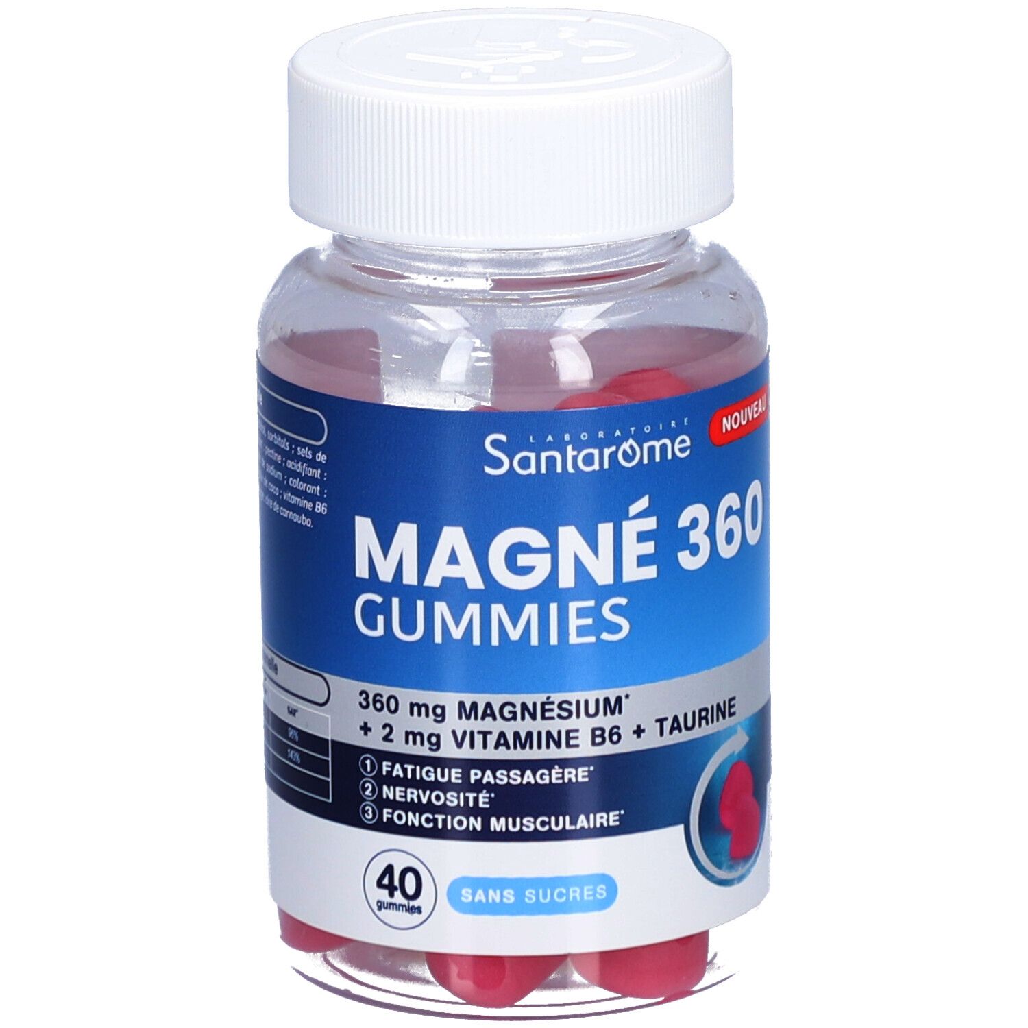 Klare Kunststoffdose mit roten Gummibärchen. Blaues Etikett mit Produktnamen und Inhaltsstoffen. Deckel weiß.