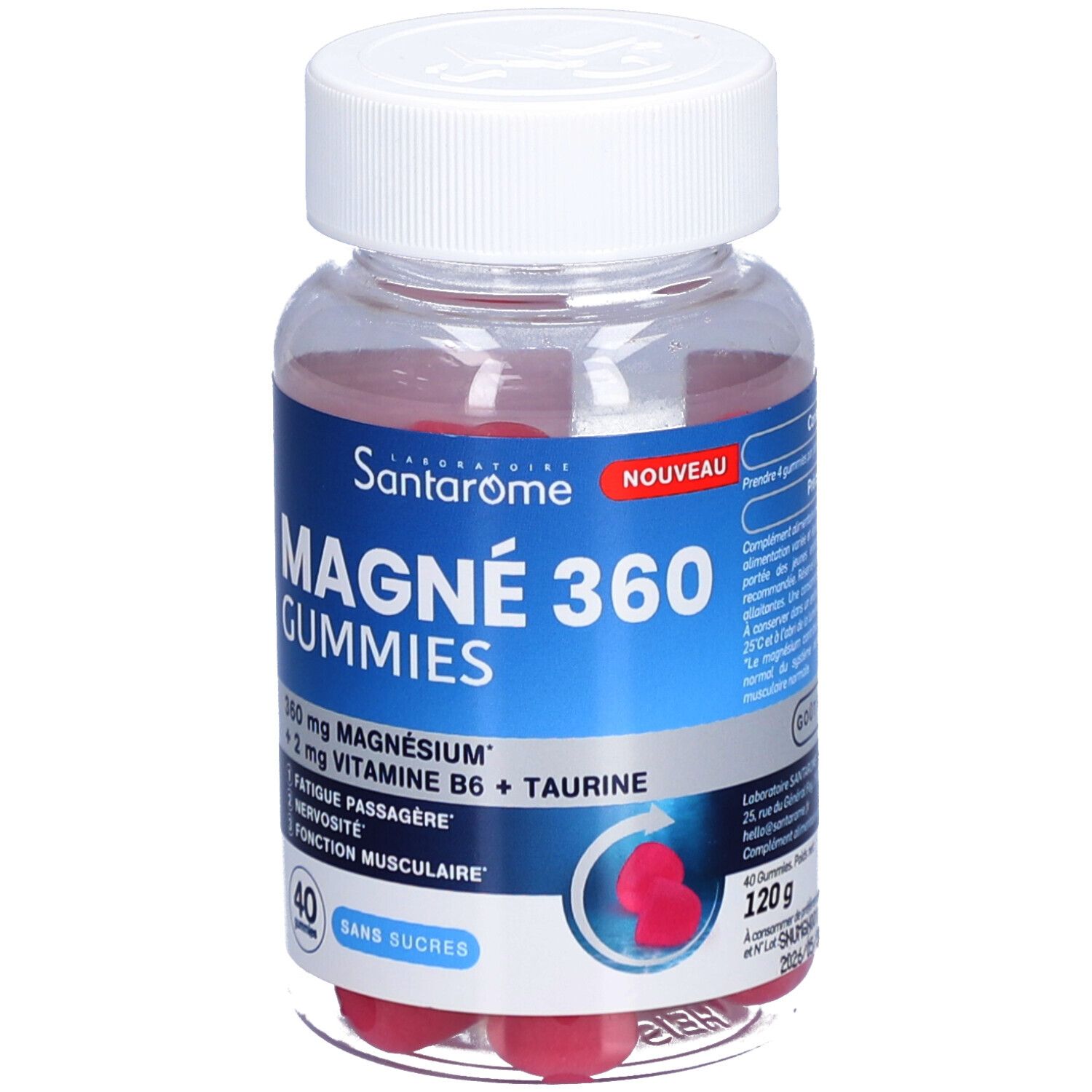 Dose mit roten Gummibärchen. Blaues Etikett mit Produktnamen, Inhaltsstoffen und Gewicht. Weißer Deckel.