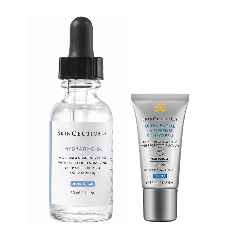 Sérum liquide clair en flacon avec pipette et tube de crème solaire. Les deux produits portent le logo et le nom SkinCeuticals.