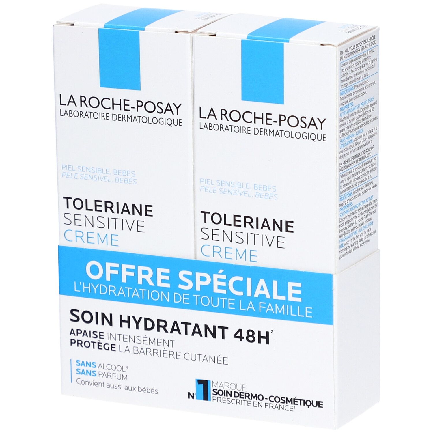 Deux boîtes La Roche-Posay Tolériane Sensitive Crème. Emballage bleu et blanc. Texte : Offre Spéciale, Soin Hydratant 48H.