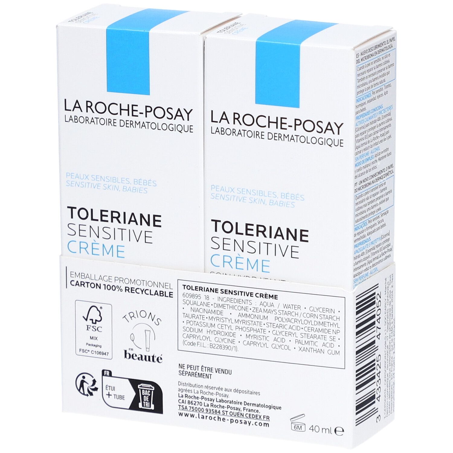 Deux boîtes La Roche-Posay Tolériane Sensitive Crème. Emballage bleu et blanc. Dos avec ingrédients et certifications.