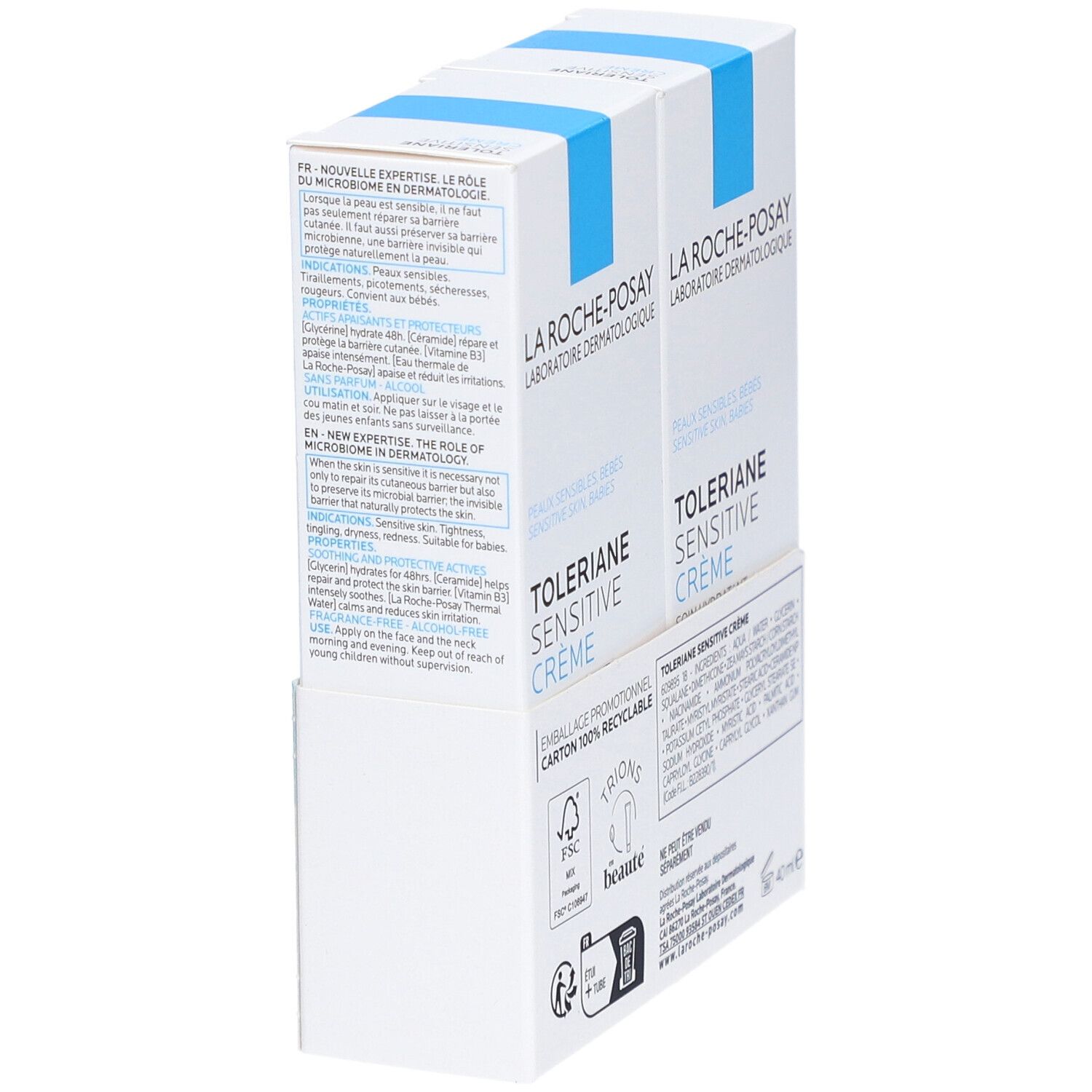 Deux boîtes La Roche-Posay Tolériane Sensitive Crème. Emballage bleu et blanc. Vue latérale avec texte.