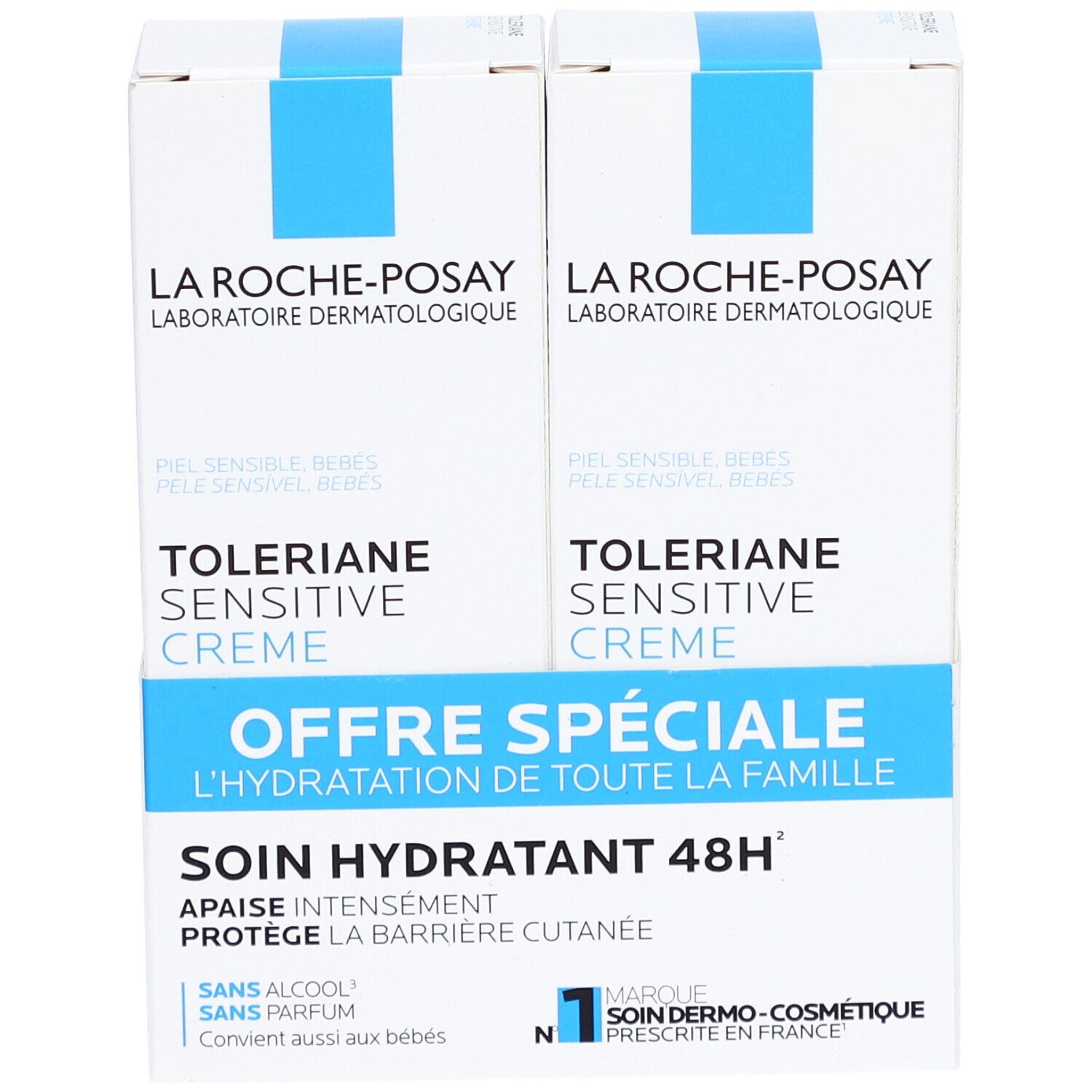 Deux boîtes La Roche-Posay Tolériane Sensitive Crème. Emballage bleu et blanc. Texte : Offre Spéciale, Soin Hydratant 48H.