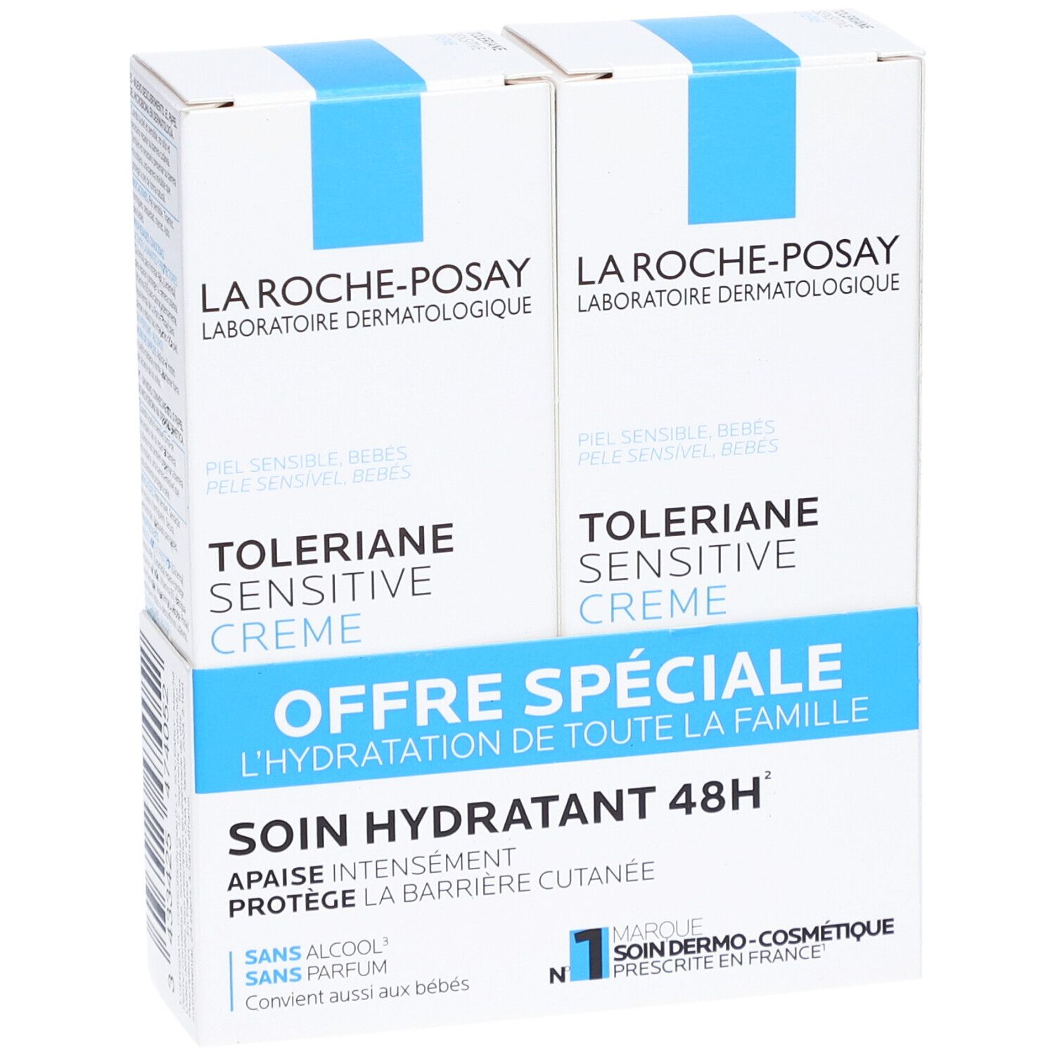 Deux boîtes La Roche-Posay Tolériane Sensitive Crème. Emballage bleu et blanc. Texte : Offre Spéciale, Soin Hydratant 48H.