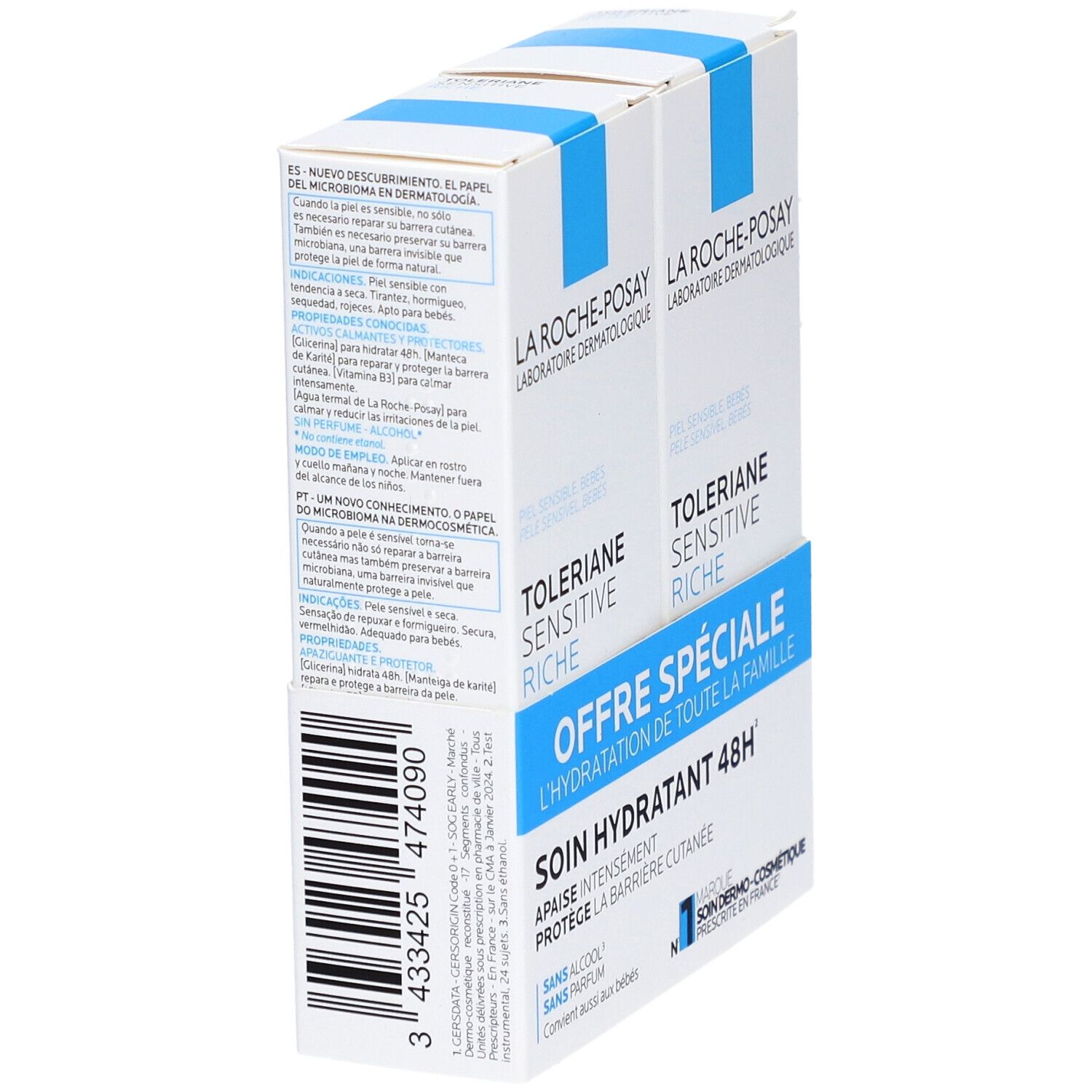 Zwei La Roche-Posay Tolériane Sensitive Riche Cremepackungen. Blaue und weiße Verpackung. Text auf der Seite. Spezielle Angebot-Box.