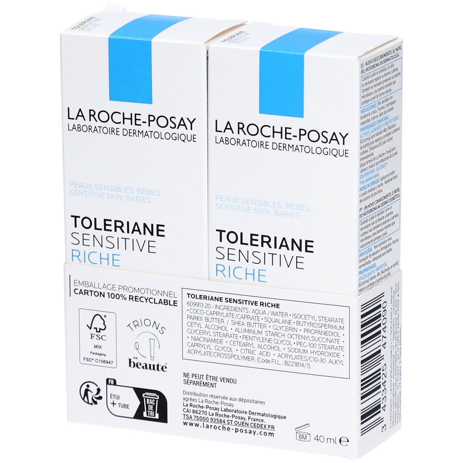 Zwei La Roche-Posay Tolériane Sensitive Riche Cremepackungen. Blaue und weiße Verpackung. Text und Inhaltsstoffe. 40ml.