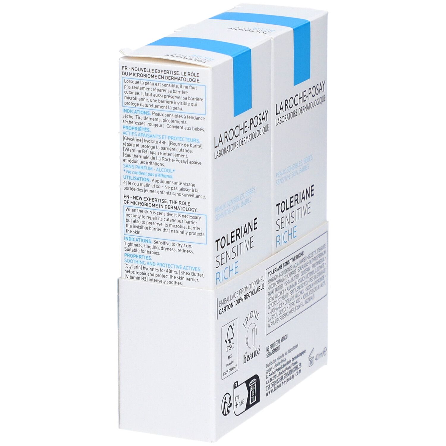Zwei La Roche-Posay Tolériane Sensitive Riche Cremepackungen. Blaue und weiße Verpackung. Text auf der Seite. 40ml.