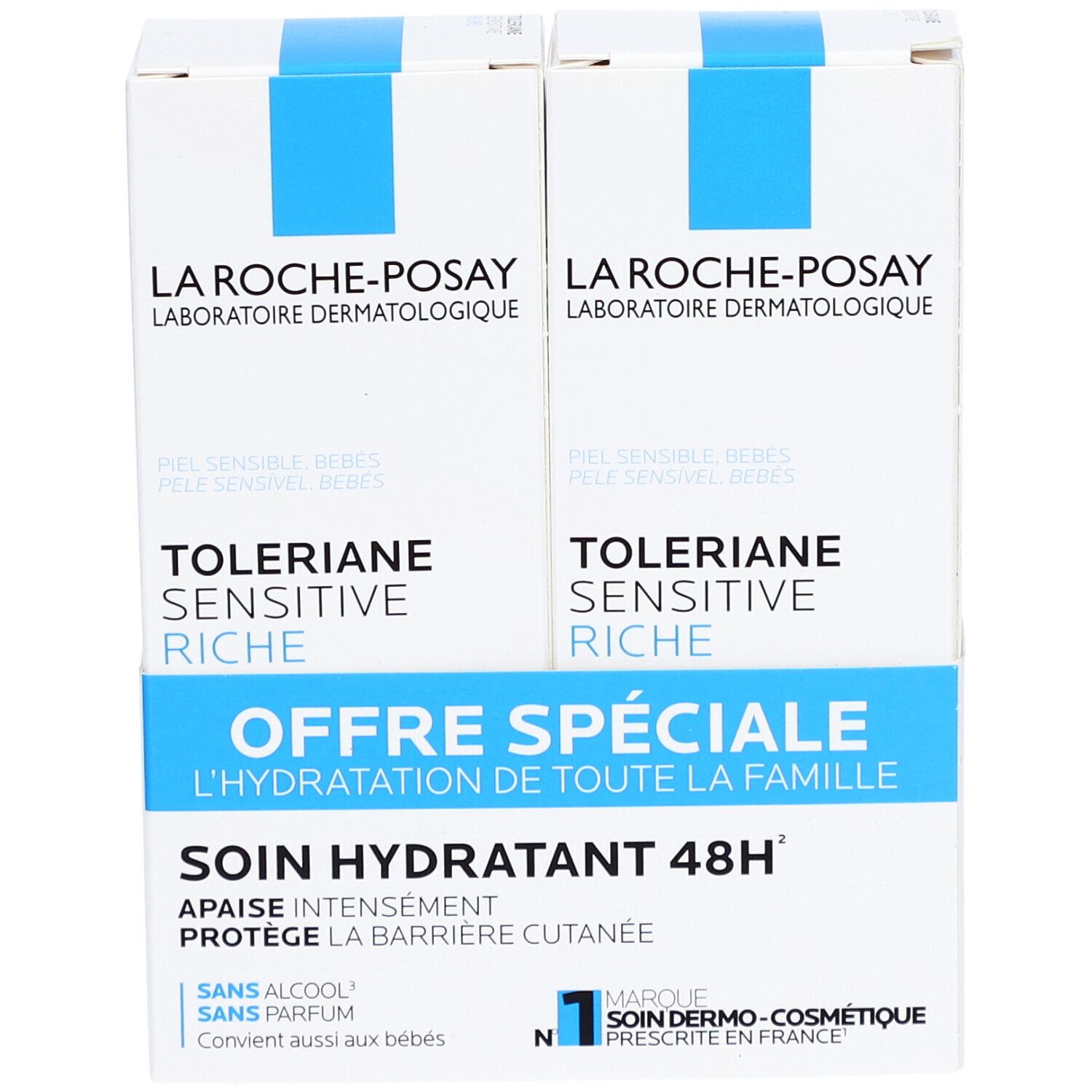 Zwei La Roche-Posay Tolériane Sensitive Riche Cremepackungen. Blaue und weiße Verpackung mit Text. Spezielle Angebot-Box.