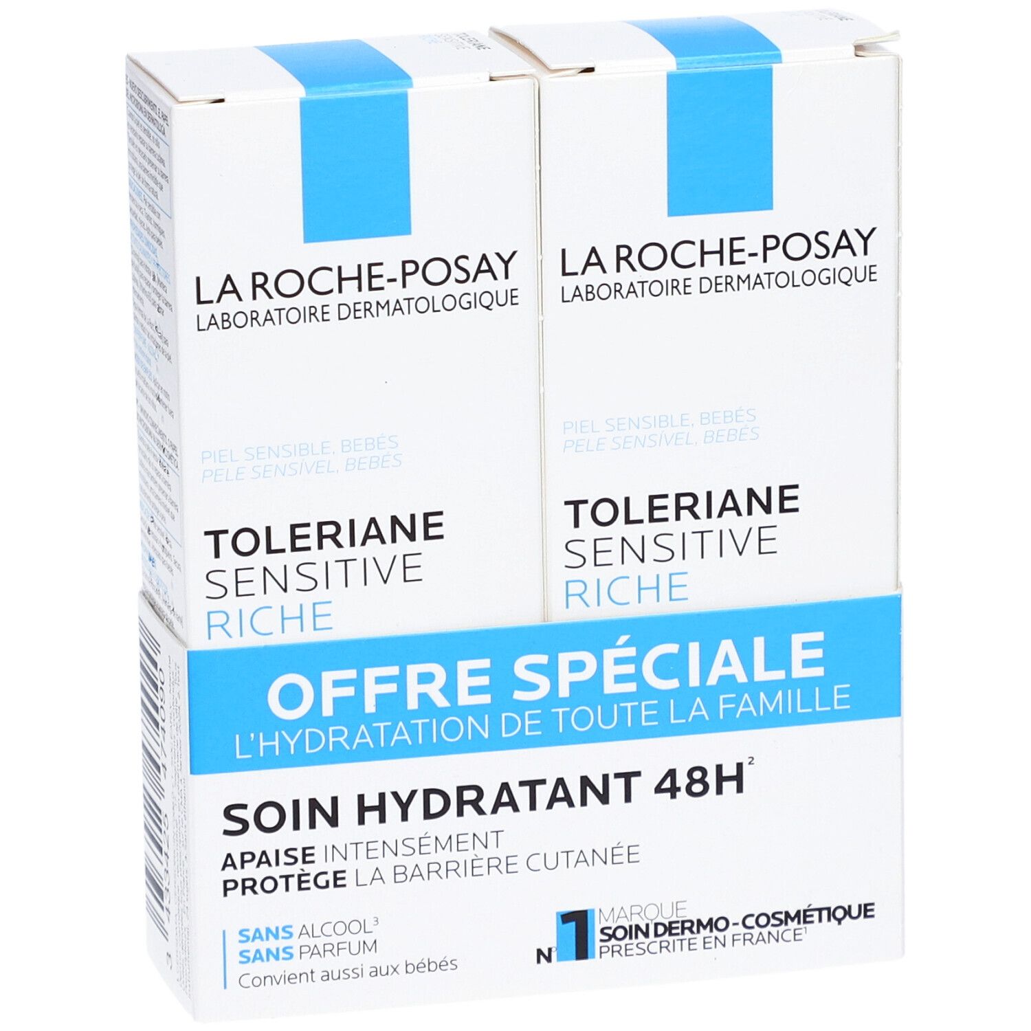 Zwei La Roche-Posay Tolériane Sensitive Riche Cremepackungen. Blaue und weiße Verpackung mit Text. Spezielle Angebot-Box.