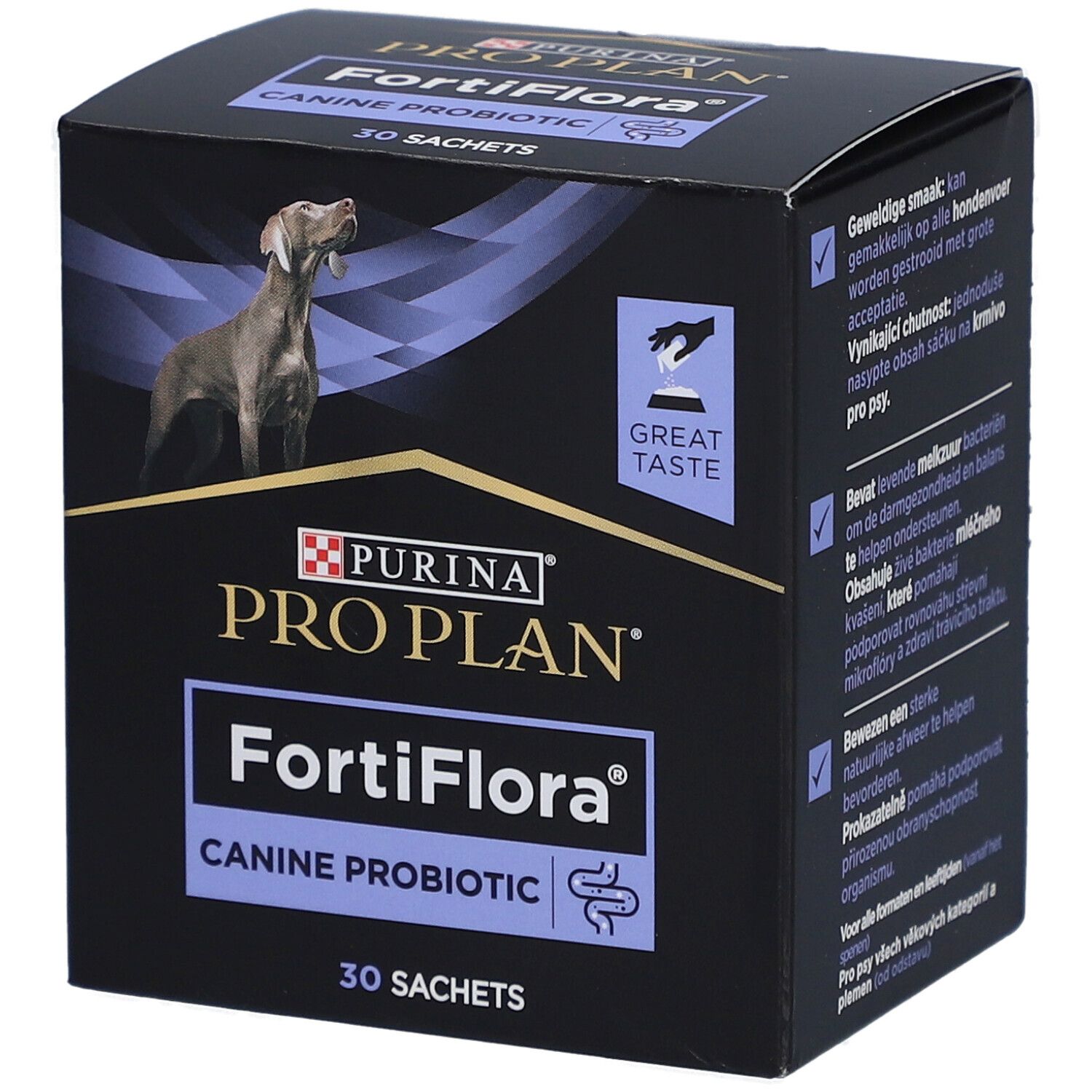 Boîte noire PURINA PRO PLAN FortiFlora Canine Probiotic. Contient 30 sachets. Image d'un chien.