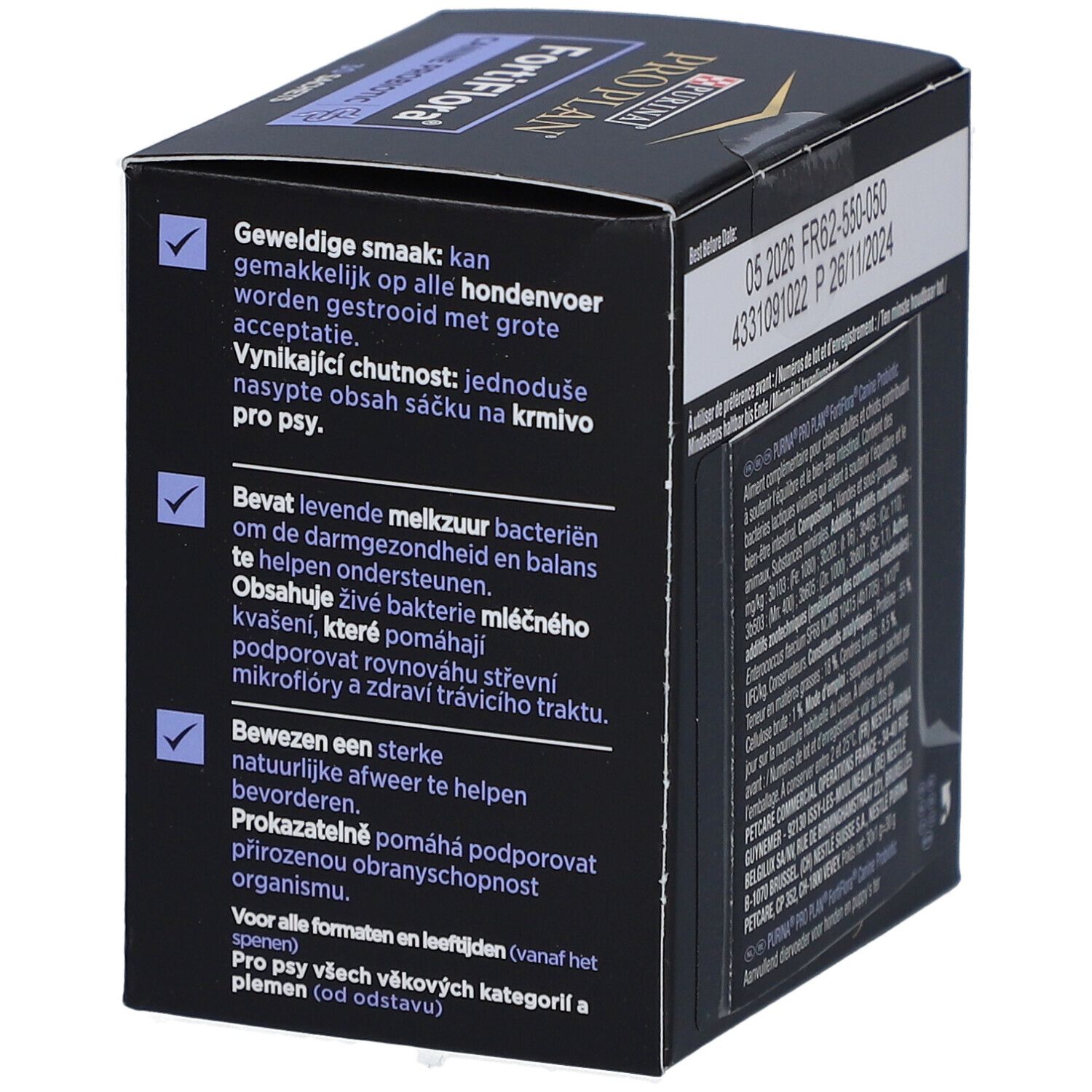 Dos de la boîte avec texte. Contient des informations sur PURINA PRO PLAN FortiFlora Canine Probiotic. Ingrédients.