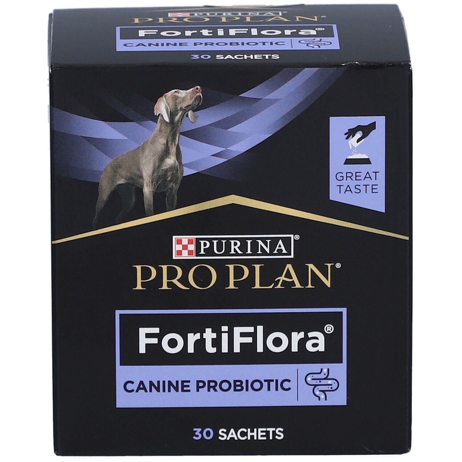 Boîte noire PURINA PRO PLAN FortiFlora Canine Probiotic. Contient 30 sachets. Image d'un chien.