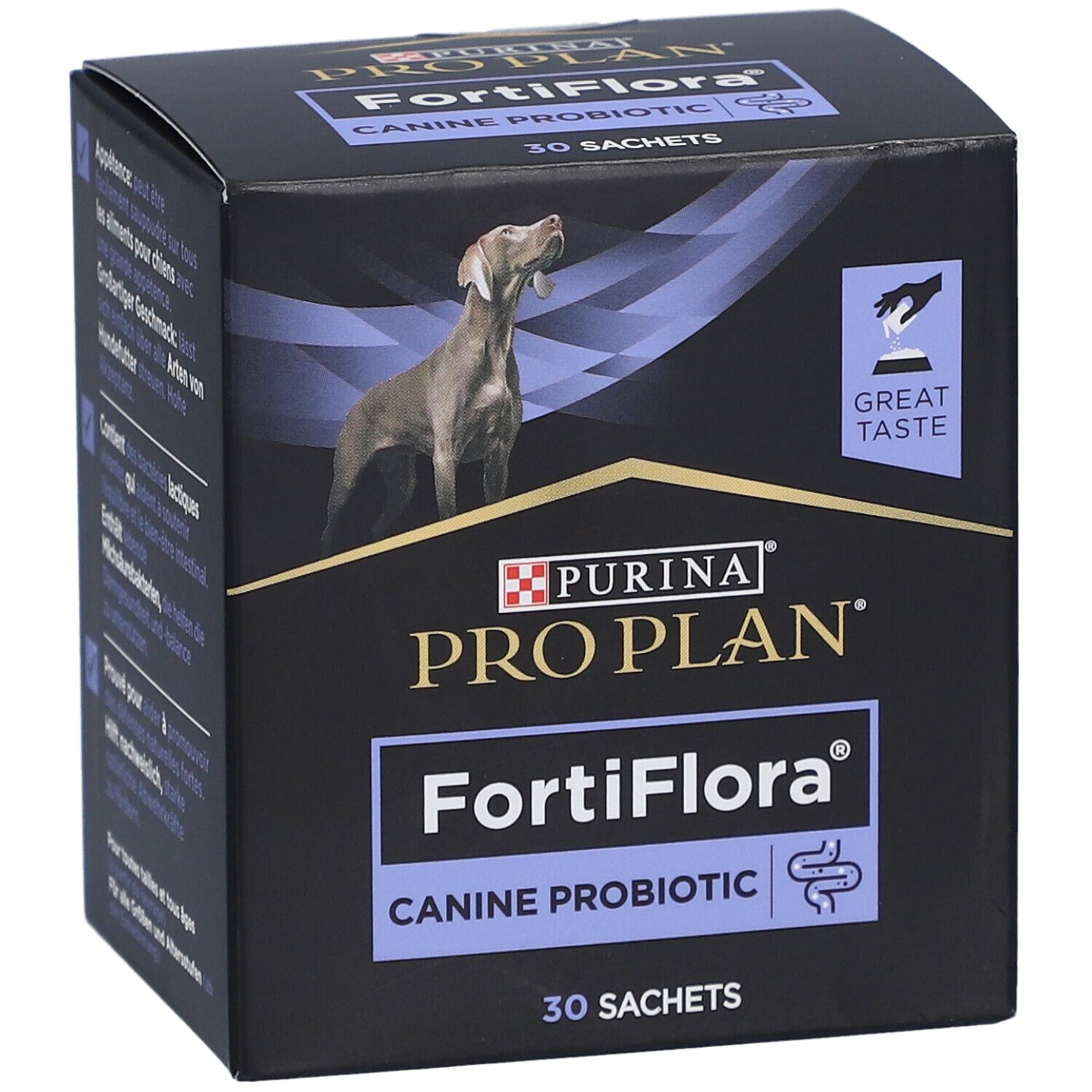 Boîte noire PURINA PRO PLAN FortiFlora Canine Probiotic. Contient 30 sachets. Image d'un chien.