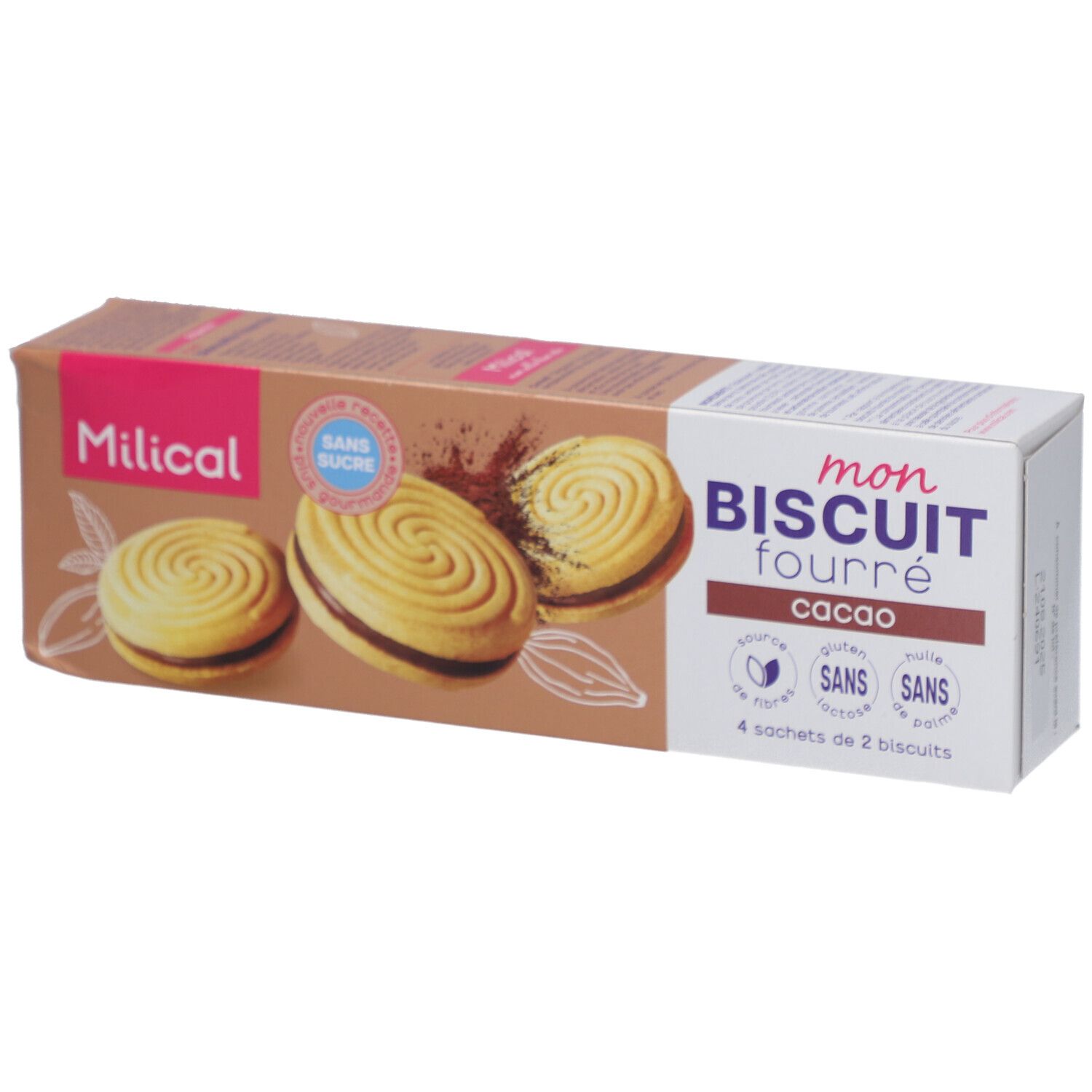 Boîte de Milical Mon Biscuit Fourré, goût cacao. Inscription : Sans Sucre, sans gluten, sans lactose, sans huile de palme. 4 sachets.