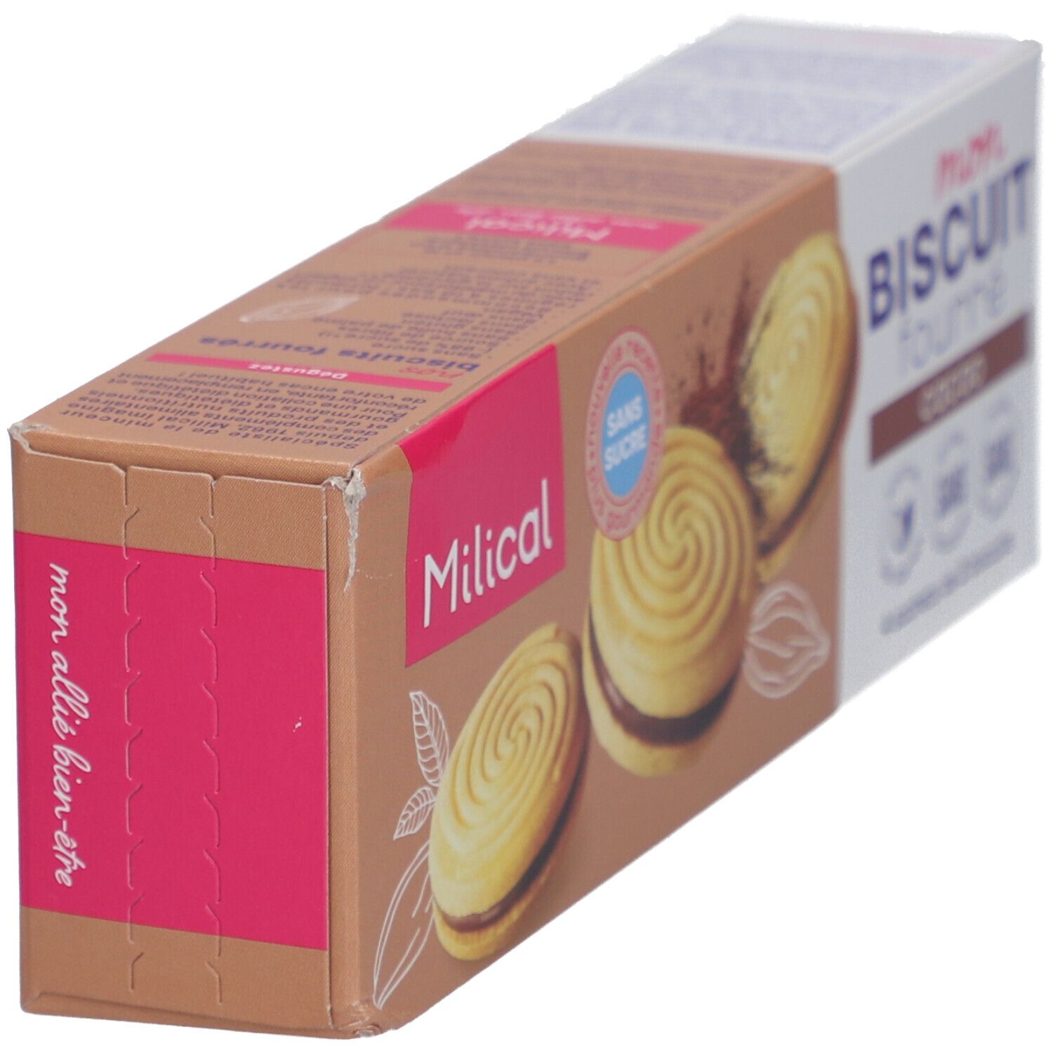 Vue en biais de la boîte Milical Mon Biscuit Fourré. Inscription : Sans Sucre, sans gluten, sans lactose, sans huile de palme. Mon allié bien-être.