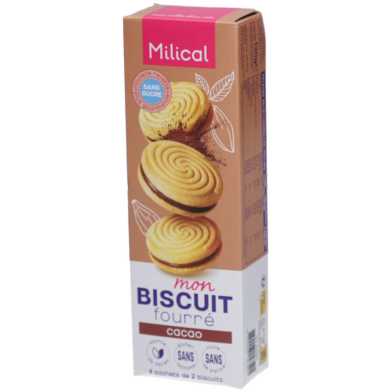 Boîte Milical Mon Biscuit Fourré, goût cacao. Inscription : Sans Sucre, sans gluten, sans lactose, sans huile de palme. 4 sachets de 2 biscuits.