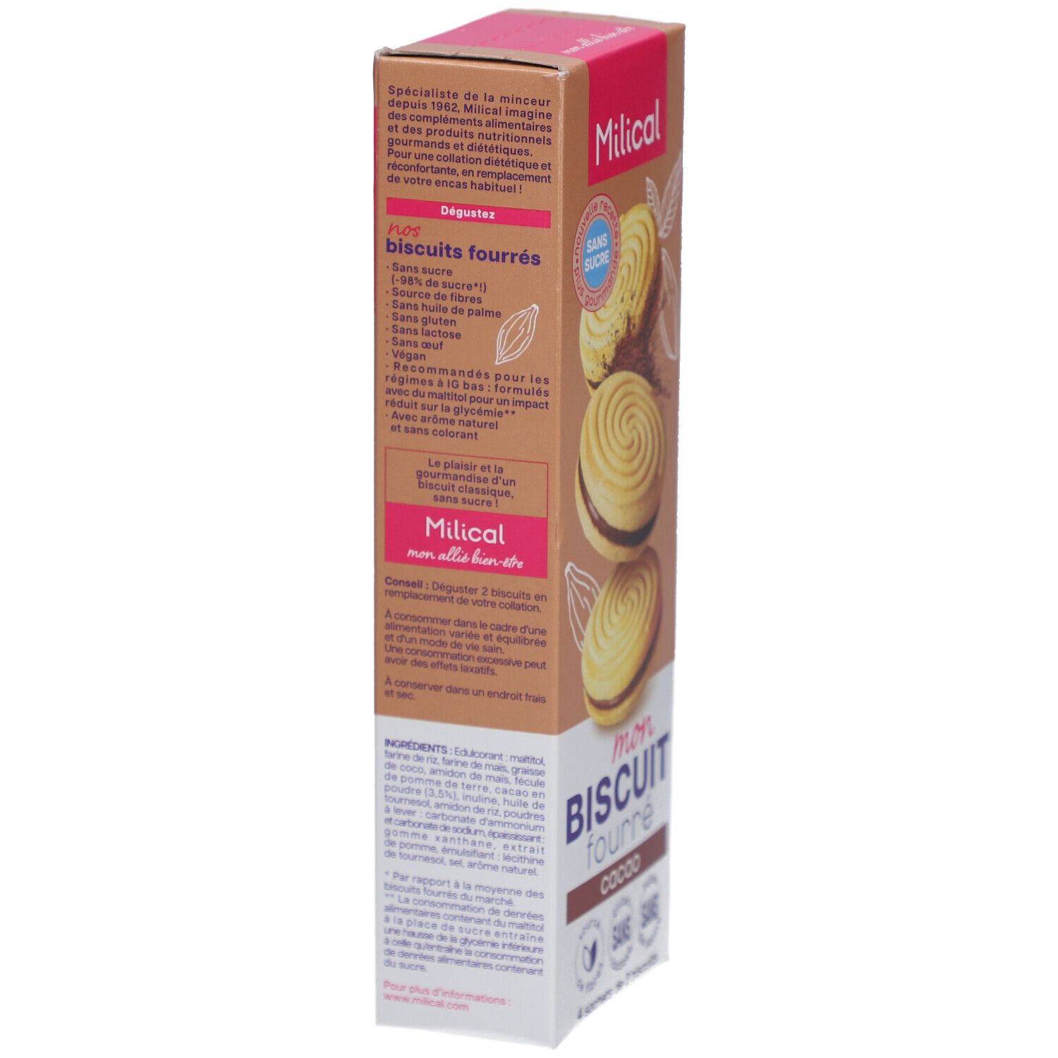 Boîte allongée de Milical Mon Biscuit Fourré, goût cacao. Inscription : Sans Sucre, sans gluten, sans lactose, sans huile de palme. Liste des ingrédients.