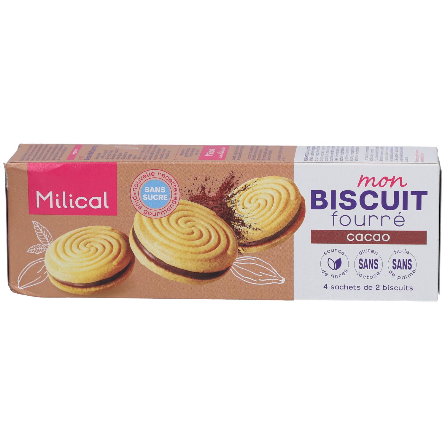 Boîte de Milical Mon Biscuit Fourré, goût cacao. Inscription : Sans Sucre, sans gluten, sans lactose, sans huile de palme. 4 sachets de 2 biscuits.