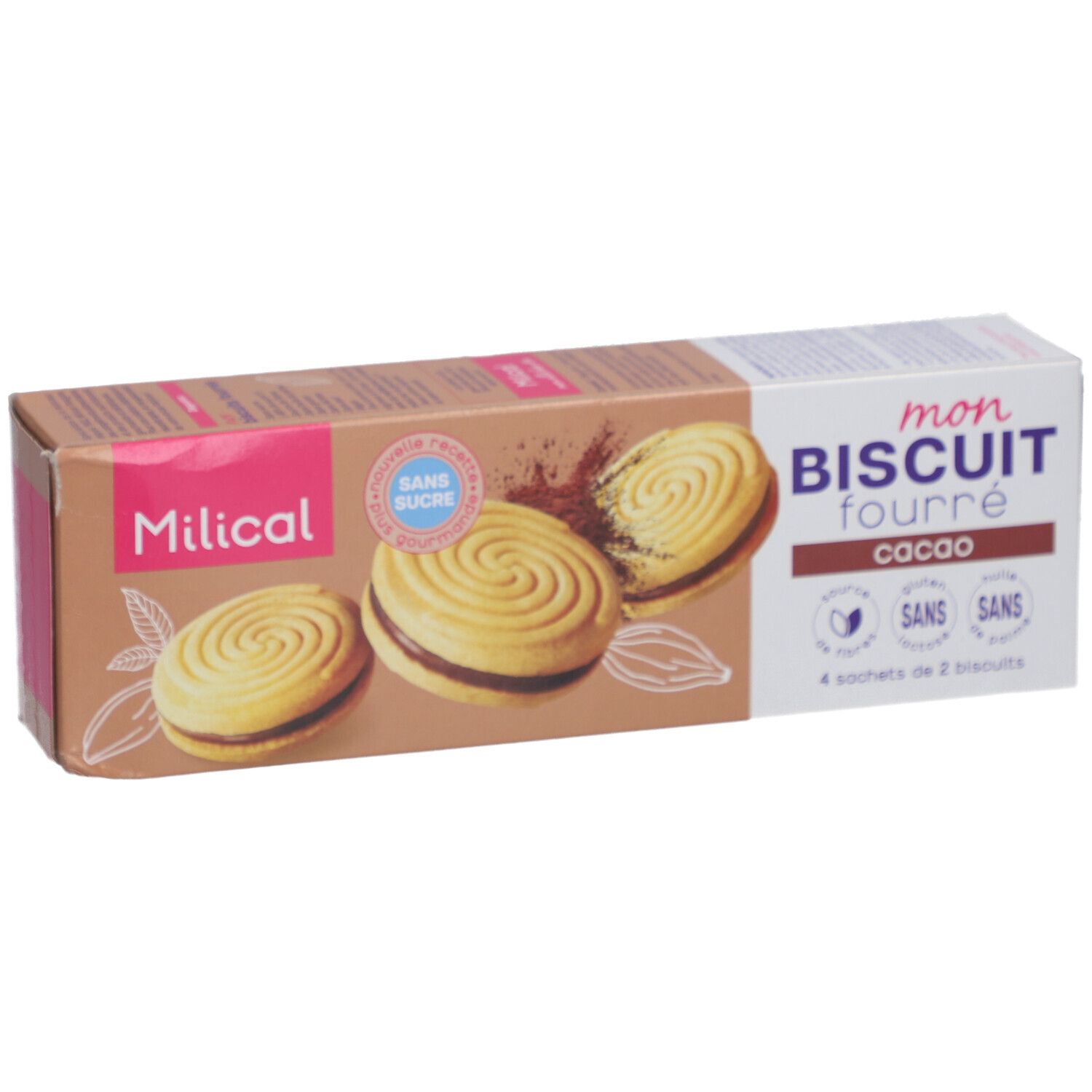 Boîte de Milical Mon Biscuit Fourré, goût cacao. Inscription : Sans Sucre, sans gluten, sans lactose, sans huile de palme. 4 sachets de 2 biscuits.