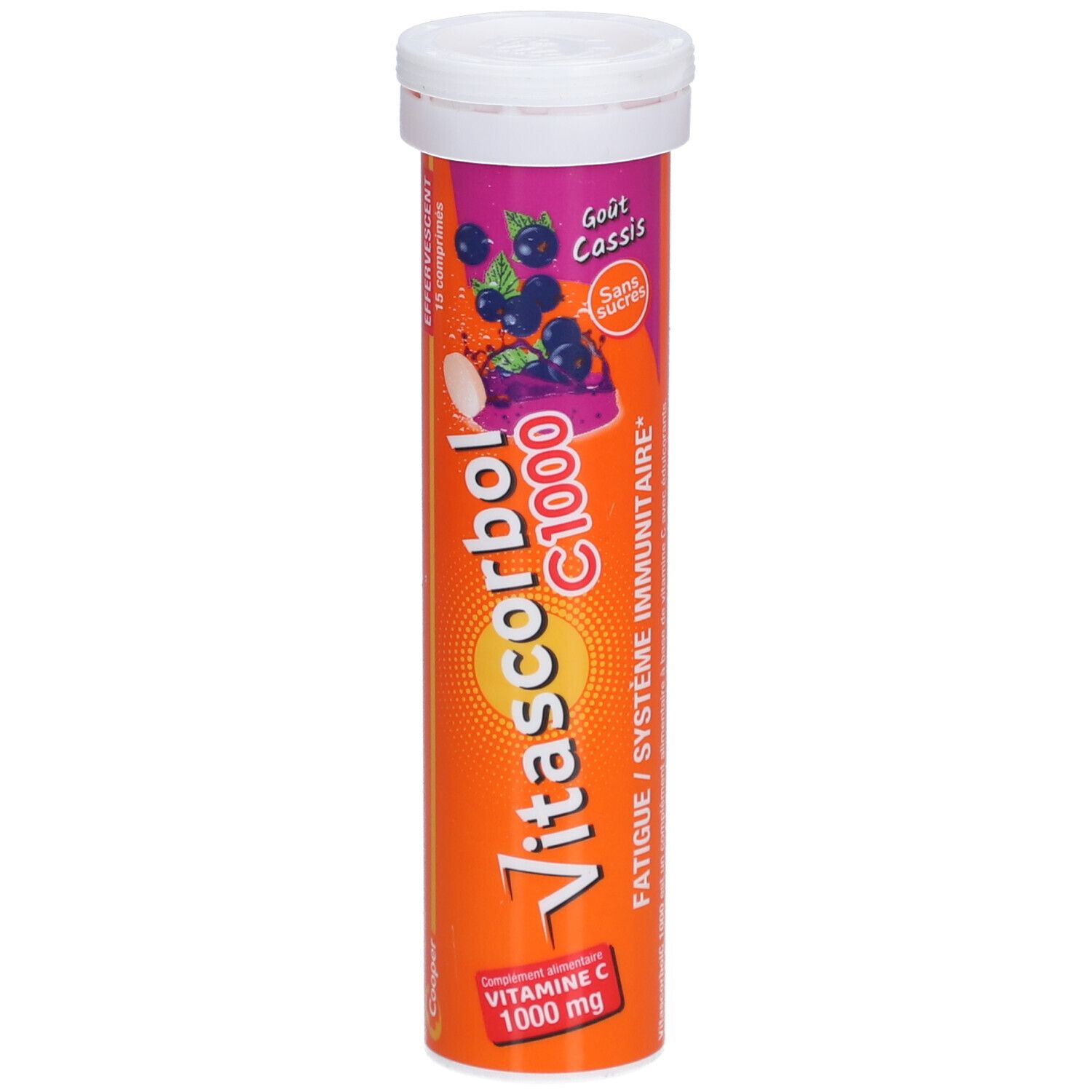 Tube orange et blanc de comprimés effervescents. Inscription: C1000, goût cassis, sans sucres. Illustration de cassis.