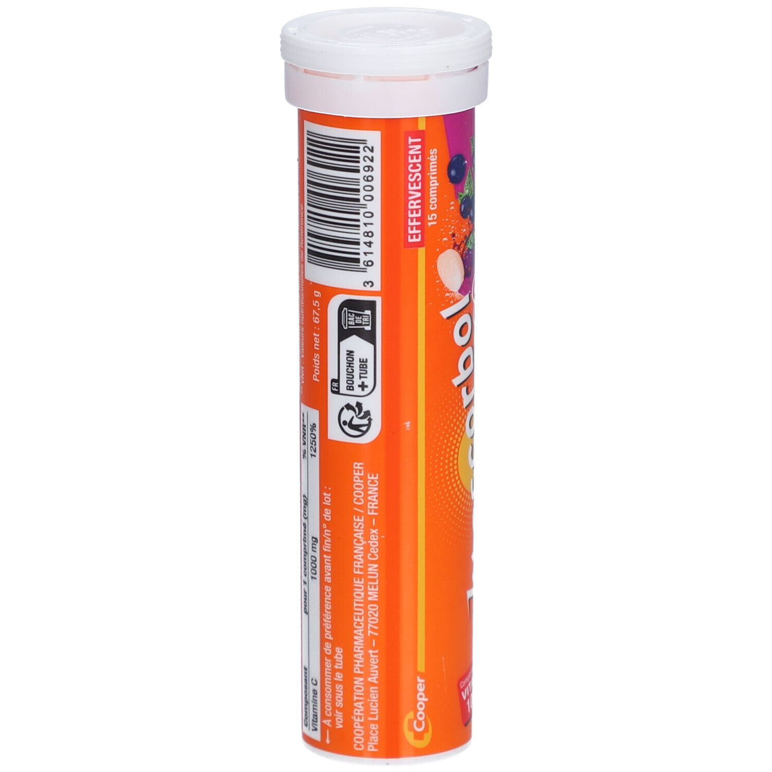 Dos du tube de comprimés. Code-barres, informations fabricant, composition et poids net: 87,5 g.