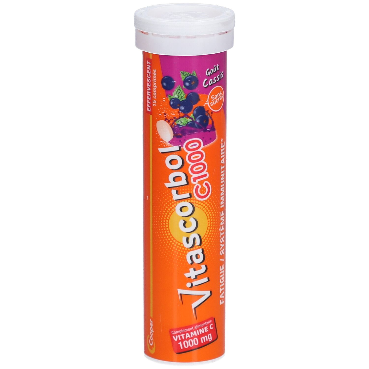 Tube orange et blanc de comprimés effervescents. Inscription: C1000, goût cassis, sans sucres. Illustration de cassis.