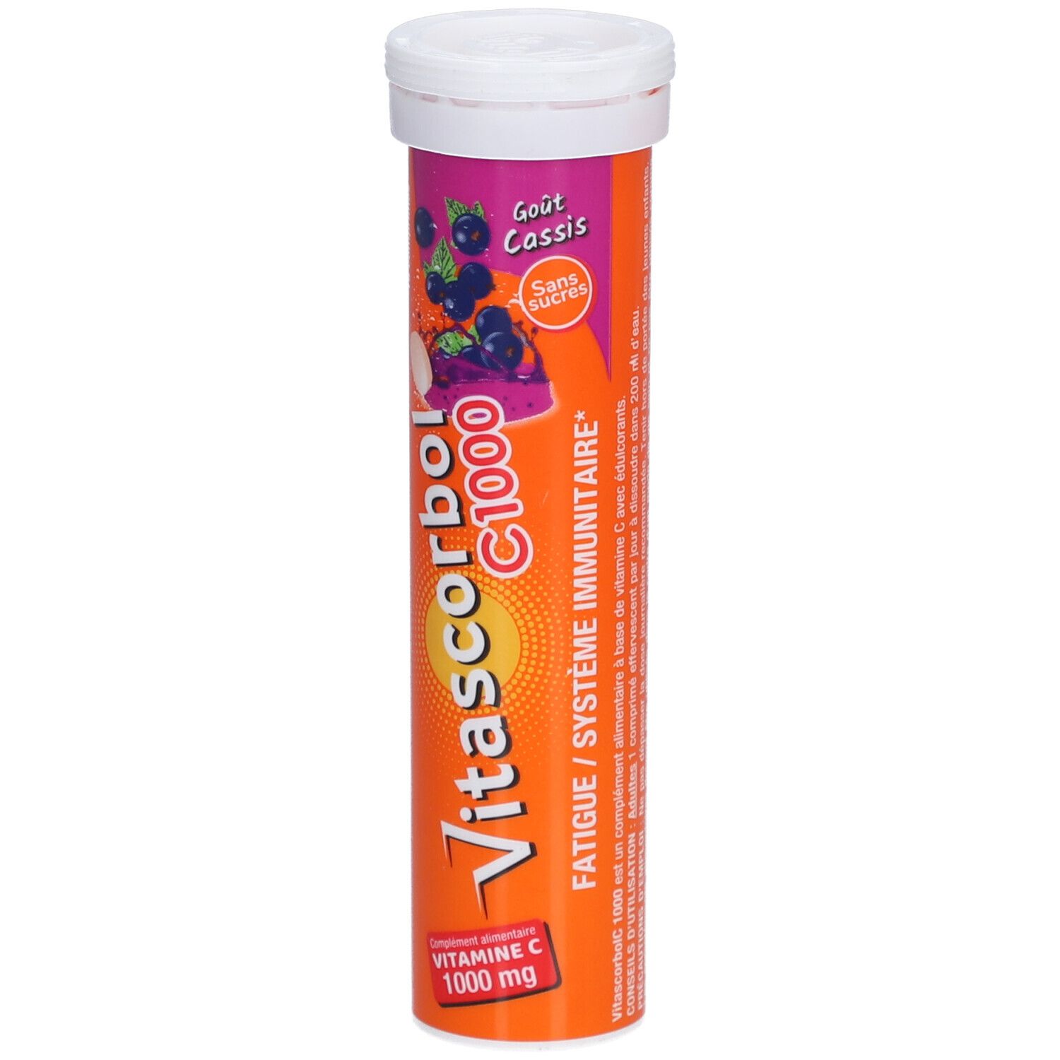 Tube orange et blanc de comprimés effervescents. Inscription: C1000, goût cassis, sans sucres. Illustration de cassis.
