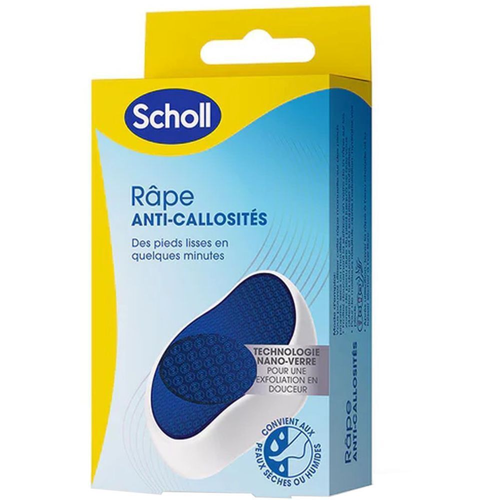 Verpackung mit blau-weißem Fußraspel. Gelber Aufhänger. Text: Scholl, Râpe Anti-Callosités, Technologie Nano-Verre.