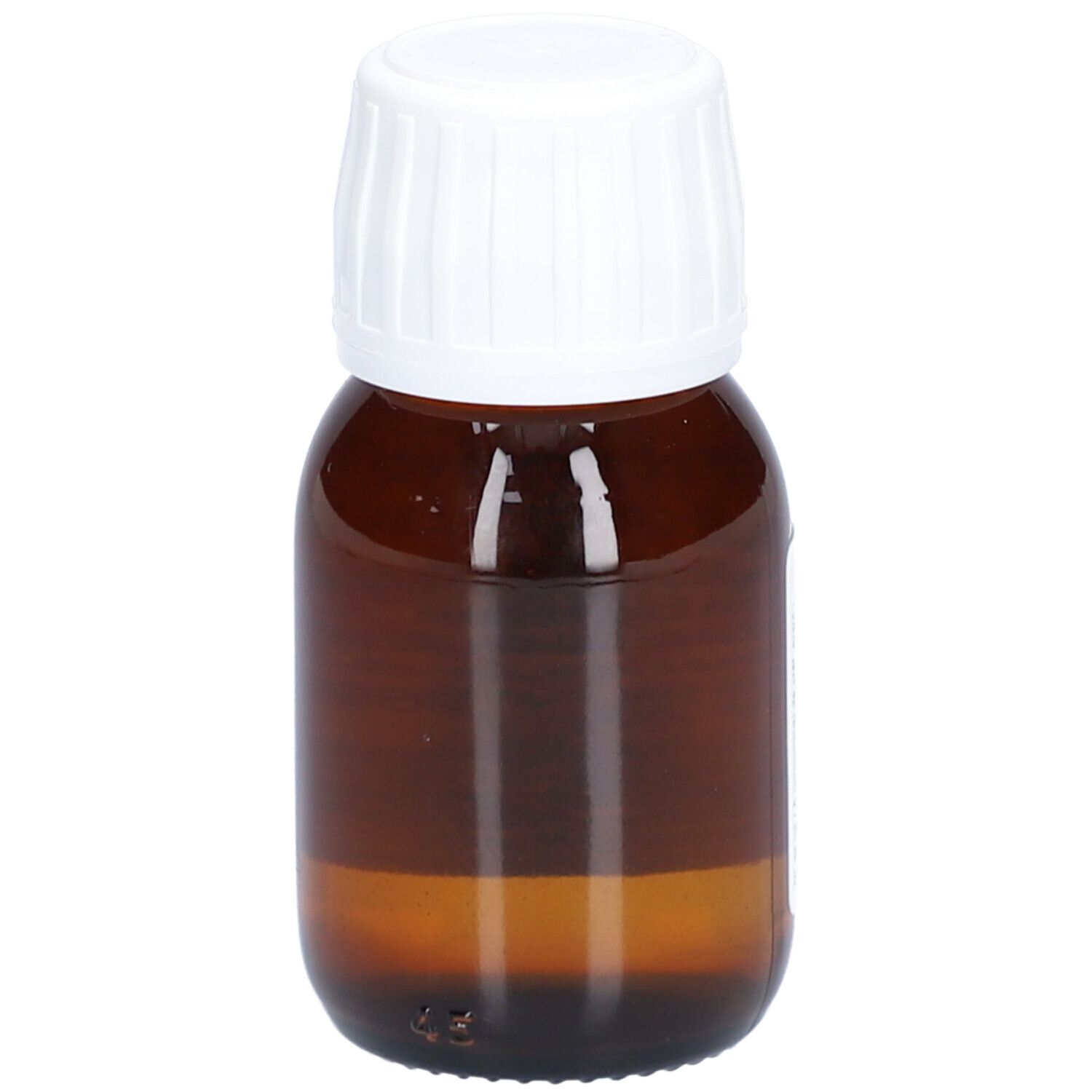 Braune Glasflasche mit weißem Deckel. Keine Etiketten sichtbar.