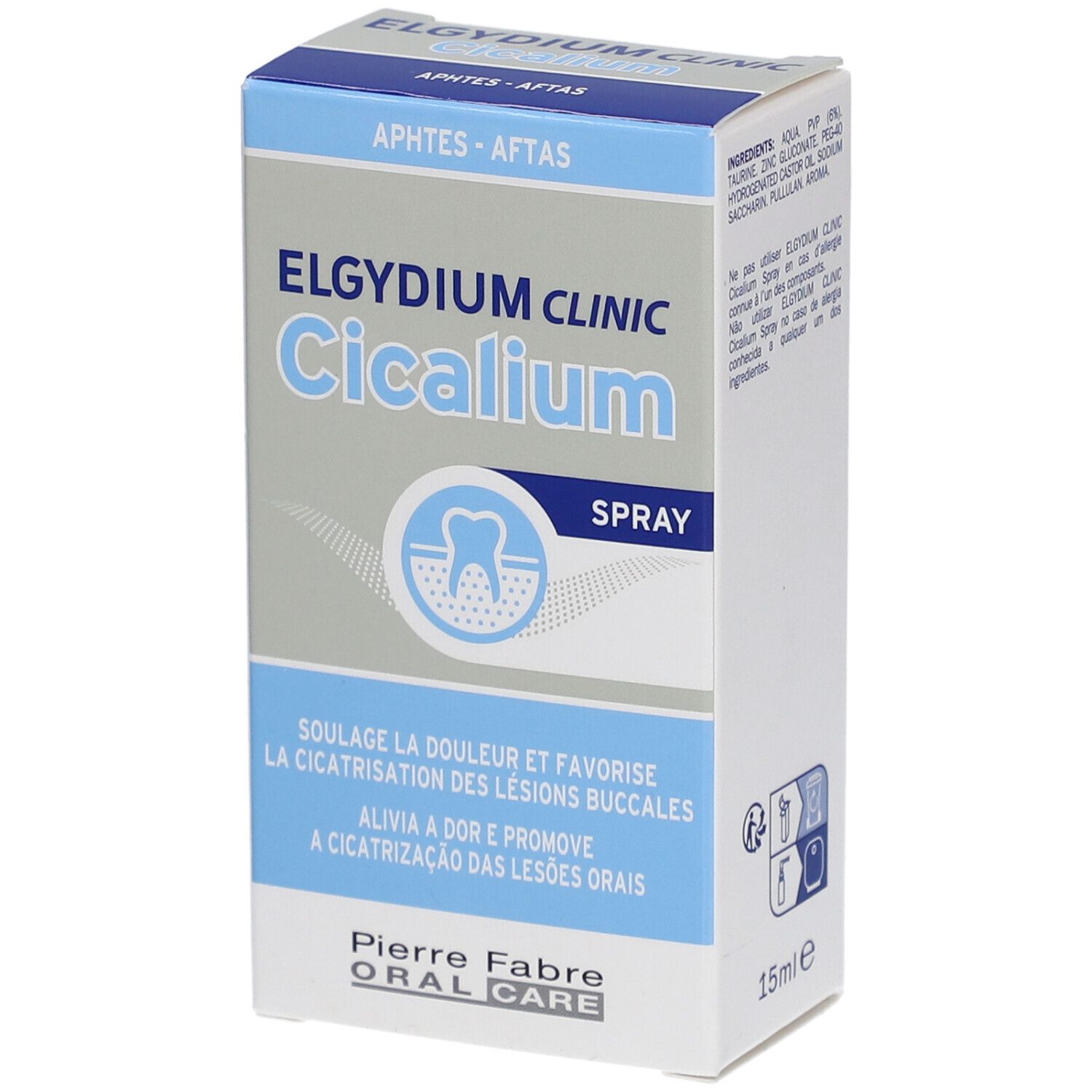 Boîte Elgydium Clinic Cicalium Spray. Emballage bleu et blanc avec logo et texte du produit.
