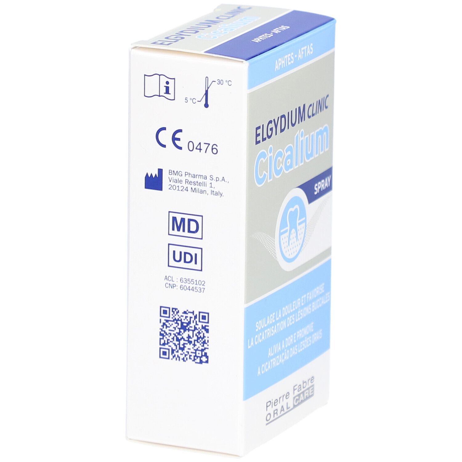 Vue latérale de la boîte Elgydium Clinic Cicalium Spray. Contient des informations telles que le marquage CE et le code QR.