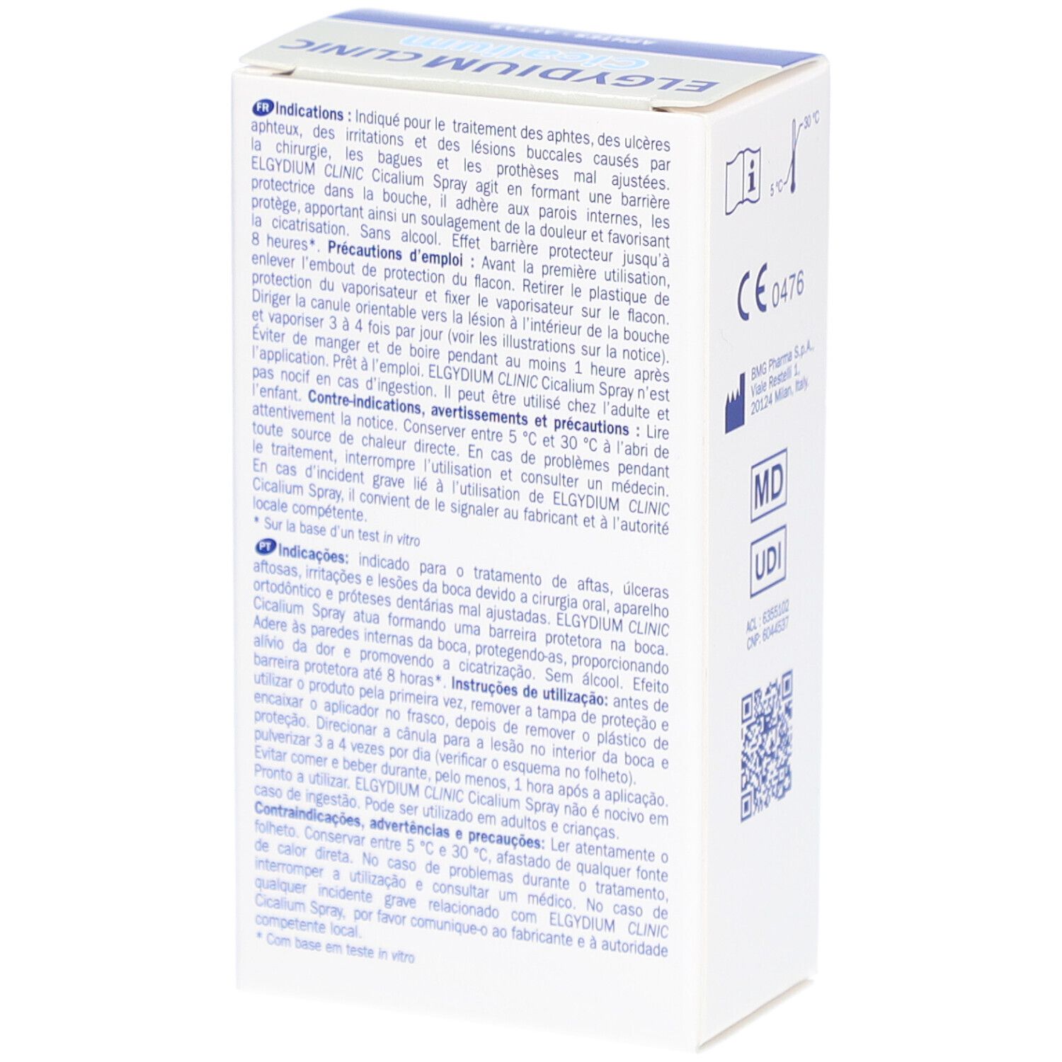 Dos de la boîte Elgydium Clinic Cicalium Spray. Contient du texte multilingue et le marquage CE.