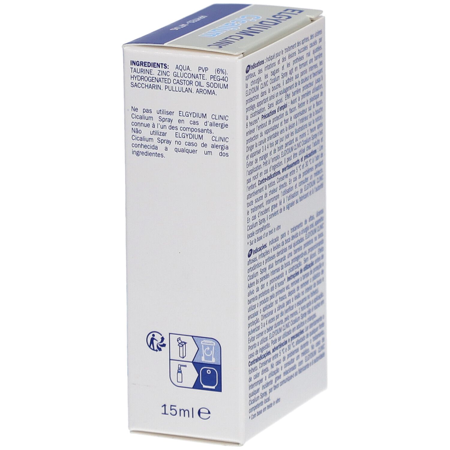 Vue latérale de la boîte Elgydium Clinic Cicalium Spray. Contient des ingrédients et du texte.